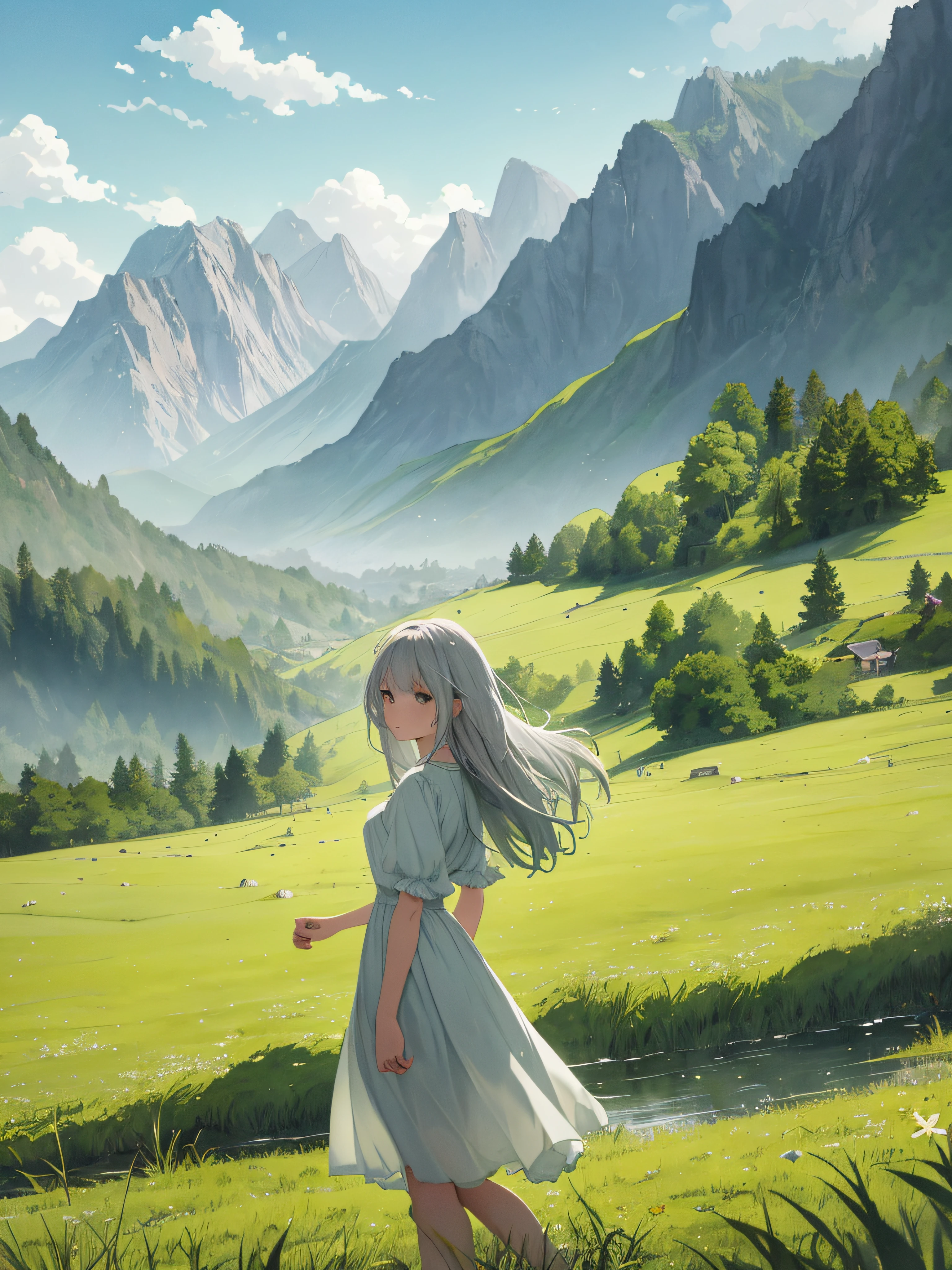 On a green meadow，There is a girl standing there。behind her，A green forest stretches out，mountain in the distance。 The most suitable effect for this scene is the watercolor technique，Capture the softness of grass and the fluidity of movement。girl in white dress and skirt，gray hair flying，Extremely beautiful。