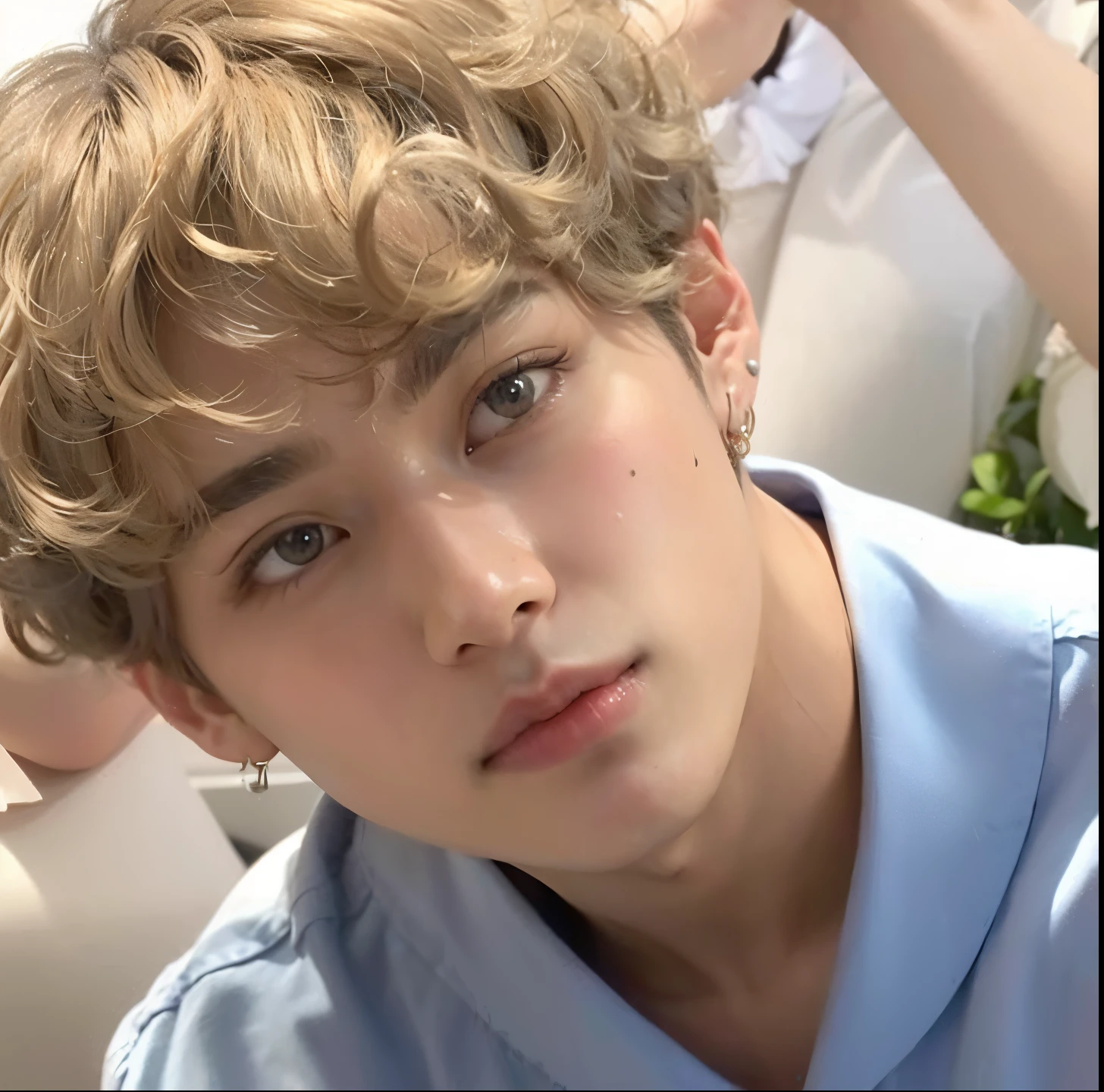 Close-up of person with hairstyle and blue shirt., Taehyung eats Gucci French fries, yanjun chengt, He has short curly brown hair., Jungkook, cai xukun, His eyes looked intelligent., wan adorable korean face, Jimin\Swollen right eyelid, wry smirk, The face looks great., young wan angel, Jimin's face is correct., Hyungtae