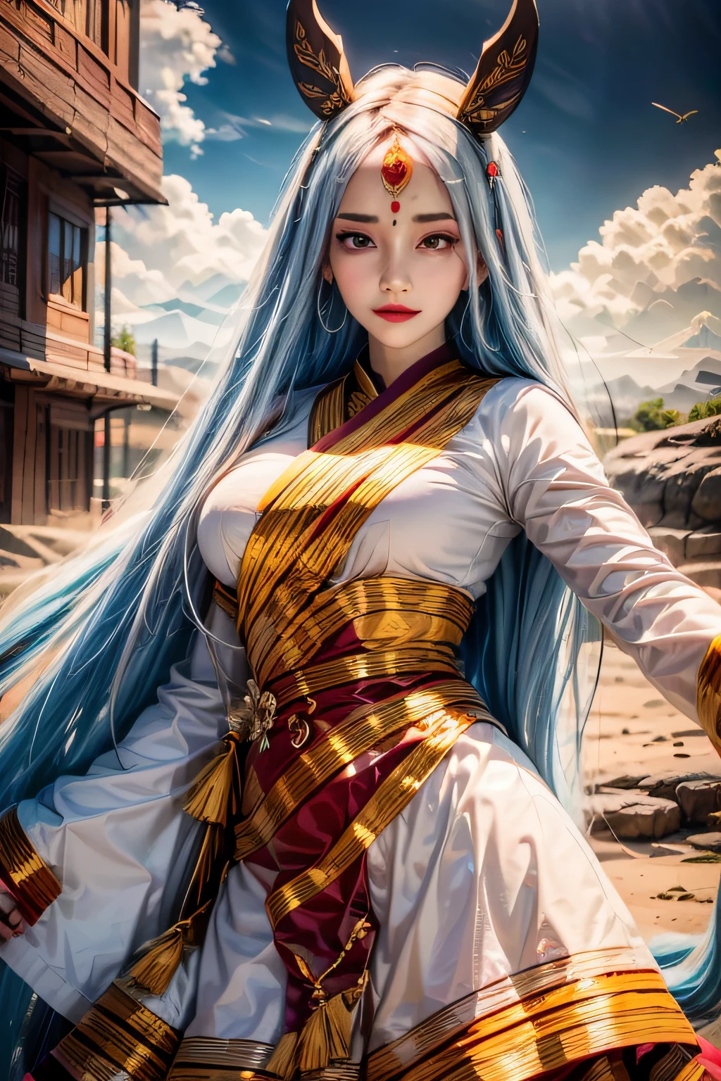 "Design an anime character that embodies India's rich culture and diversity. Blend traditional attire, vibrant colors, and iconic symbols to reflect the country's beauty. Capture India's warmth and dynamism in the character's personality."