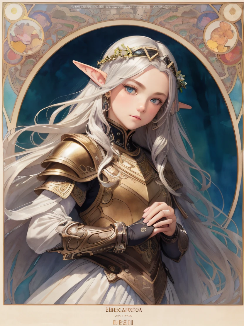 ((hight resolution、top-quality、super detailing、best picture、watercolor paiting、thick outlines、mats、by mucha))、flowing lines、elvish、1 girl, 28 year old、skiny、cin、stright long hair、Beautiful silver hair、blue eyess、half up、Hair swaying in the wind、luxury circlet、de pele branca、Hanshin seen from the front、is standing、green stunning queen dress、s Armor、鎖骨、Geometric pattern、(florals)、Hand down、Soft Air、Serious face、Detailed hand depiction