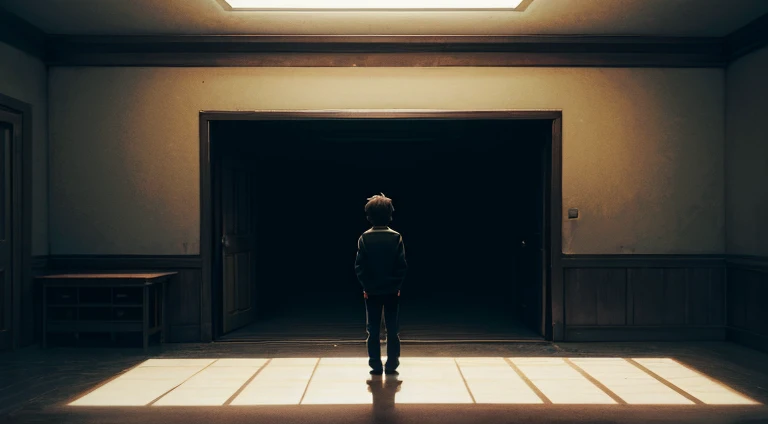 a lonely boy in a dark room surrounded by shadows