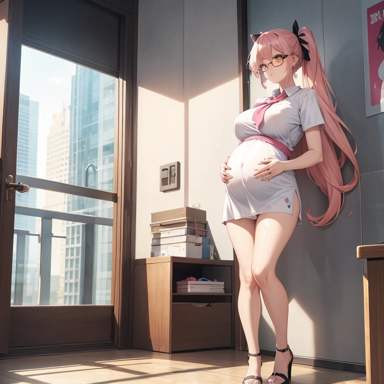 Full body girl, pregnant, cum on thighs, huge belly, cum on belly, huge breasts, cum on breasts, lactation, lactation through clothes, yellow eyes, glasses, shy, exhausted, earrings, hair ribbon, long hair, side ponytail, pink hair, tsundere, embarrassed, pout, visible belly, hands on belly, no bra, high heels, office uniform, standing, best quality