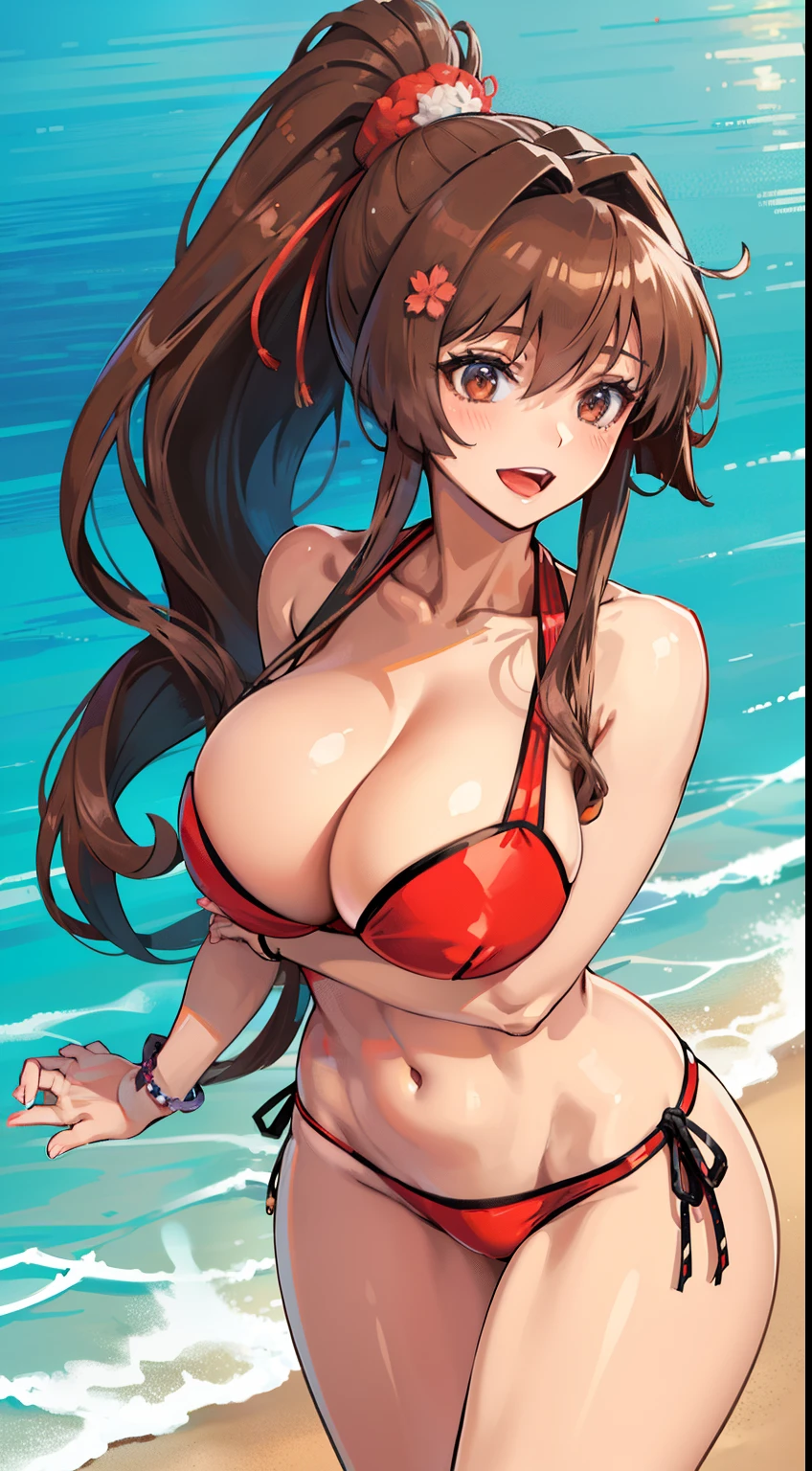 Open mouth, A MILF,Large breasts,wide hips,Ponytail,Brown hair,Brown eyes,Solo,Red Micro Bikini,Resort Beach,Cowboy Shot,Standing,Smile,shiny body,shiny skin,cleavage