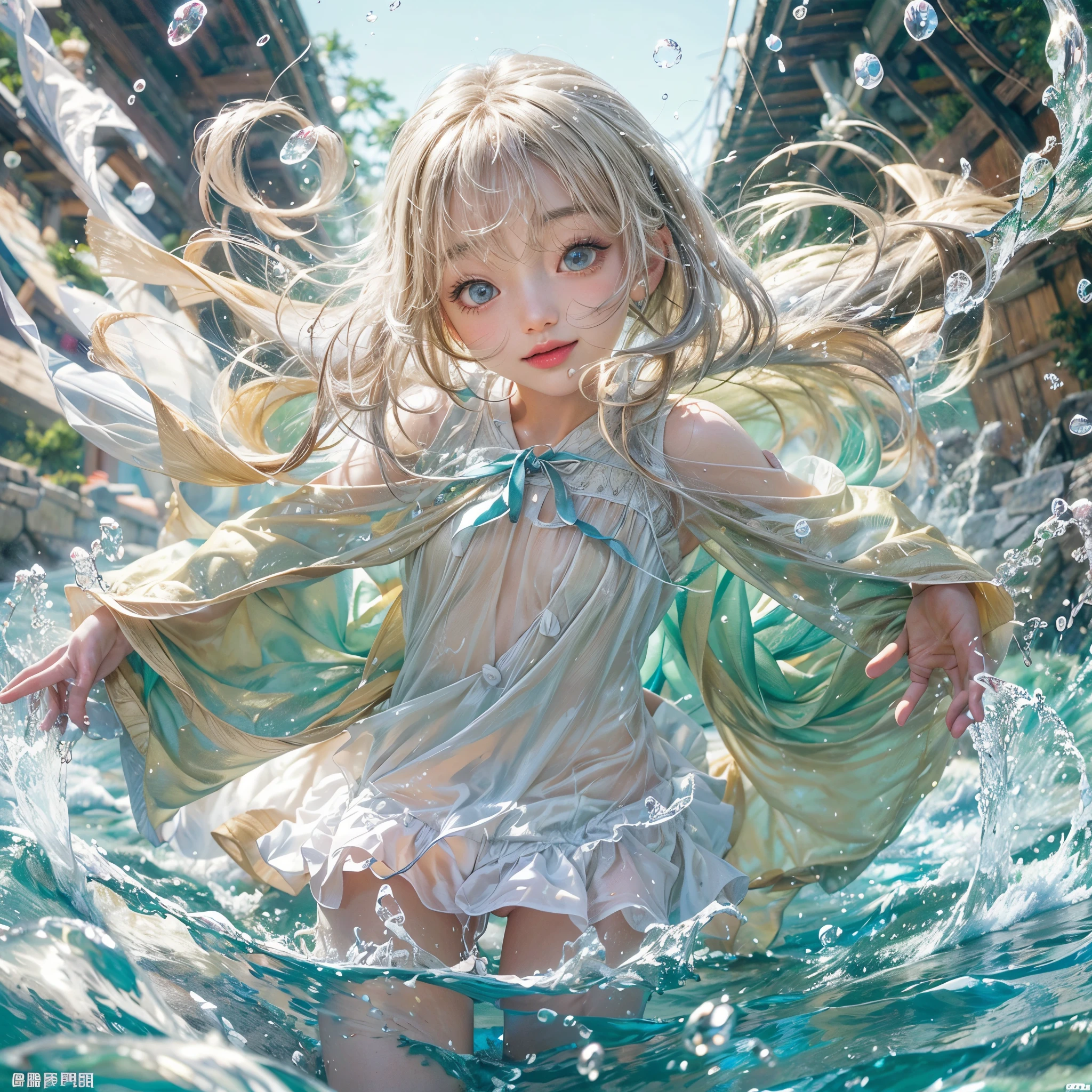 (8K, Original photography, Top image quality, masterpiece: 1.4), hyper HD, (Realistic, 真实感: 1.48), realisticlying, A high resolution, softlighting. Tiny Girls, girl jumping into the water、Falling、splash water、shout、Luminous water surface、White and Vivid colors, back lighting, glistening ivory skin, sparkling highlights, Detailed KAWAII face with cute lips, long eyelashes, Delicate clothes, Detailed open crotch
