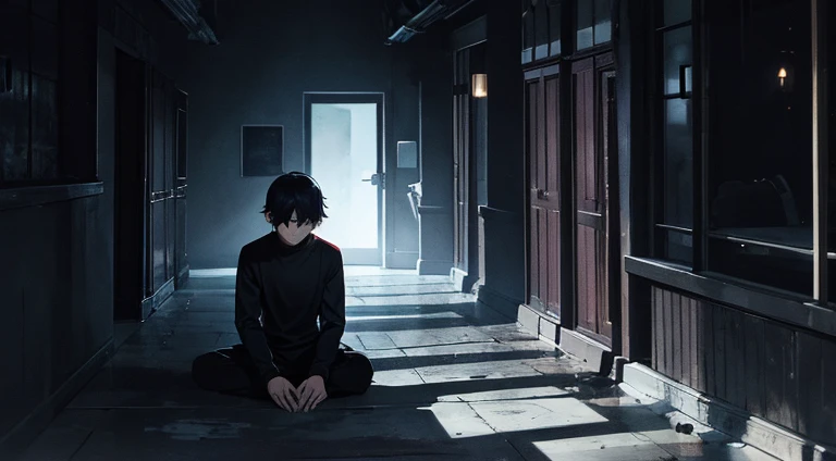 a demon boy lonely in a dark room surrounded by shadows and demons