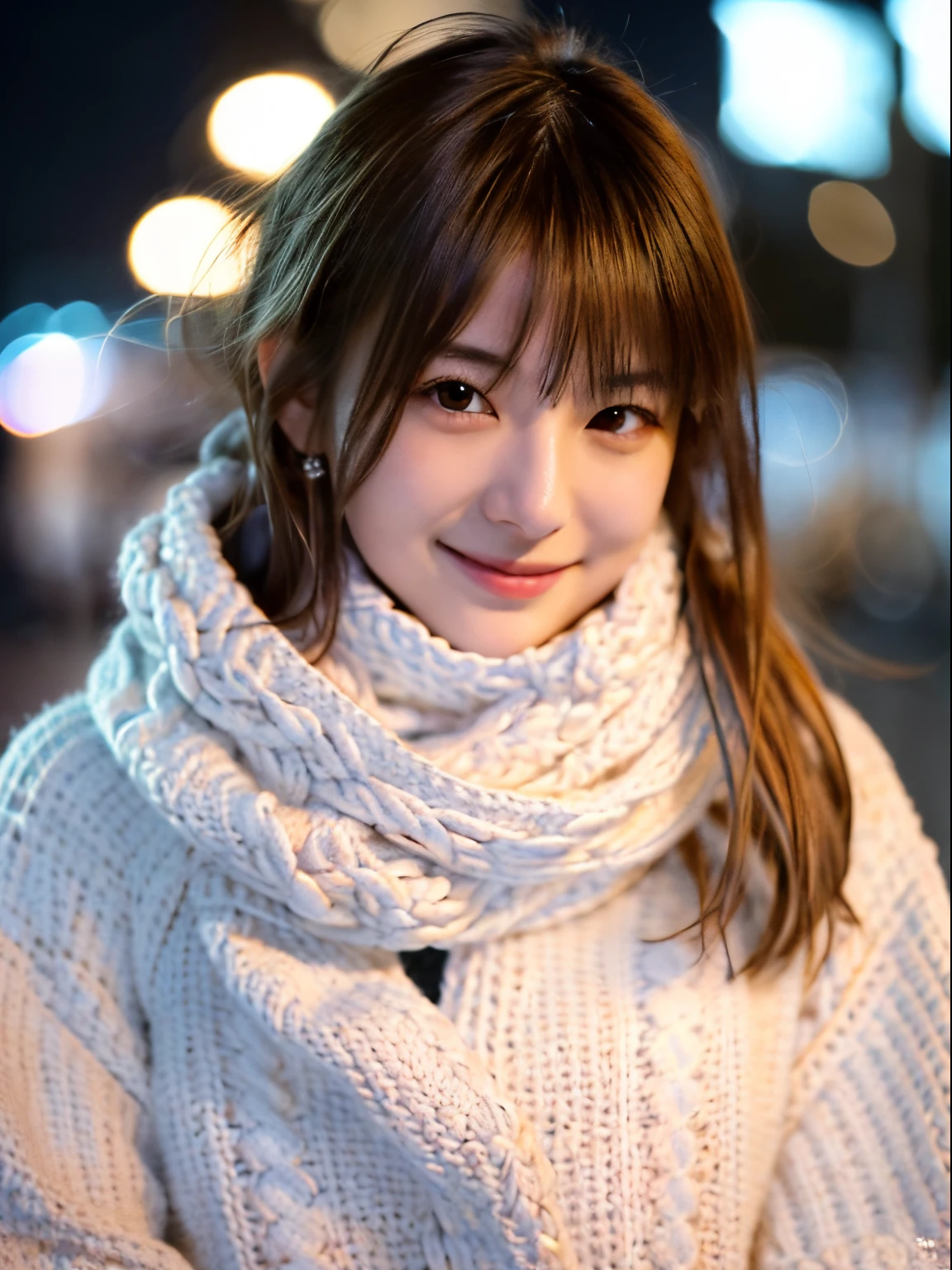 1 japanese girl,(White sweater:1.4),(She wears a knitted snood around her neck to hide her chin......:1.5), (Raw photo, Best Quality), (Realistic, Photorealsitic:1.4), masutepiece, extremely delicate and beautiful, Extremely detailed, 8k wallpaper, amazing, finely detail, extremely detailed CG Unity, hight resolution, Soft light, Beautiful detailed 19 year old, extremely detailed eye and face, beautiful detailed nose, Beautiful detailed eyes,Cinematic lighting,city light at night,Perfect Anatomy,Slender body,Smiling  (hair messy, asymmetrical bangs, light brown hair,)