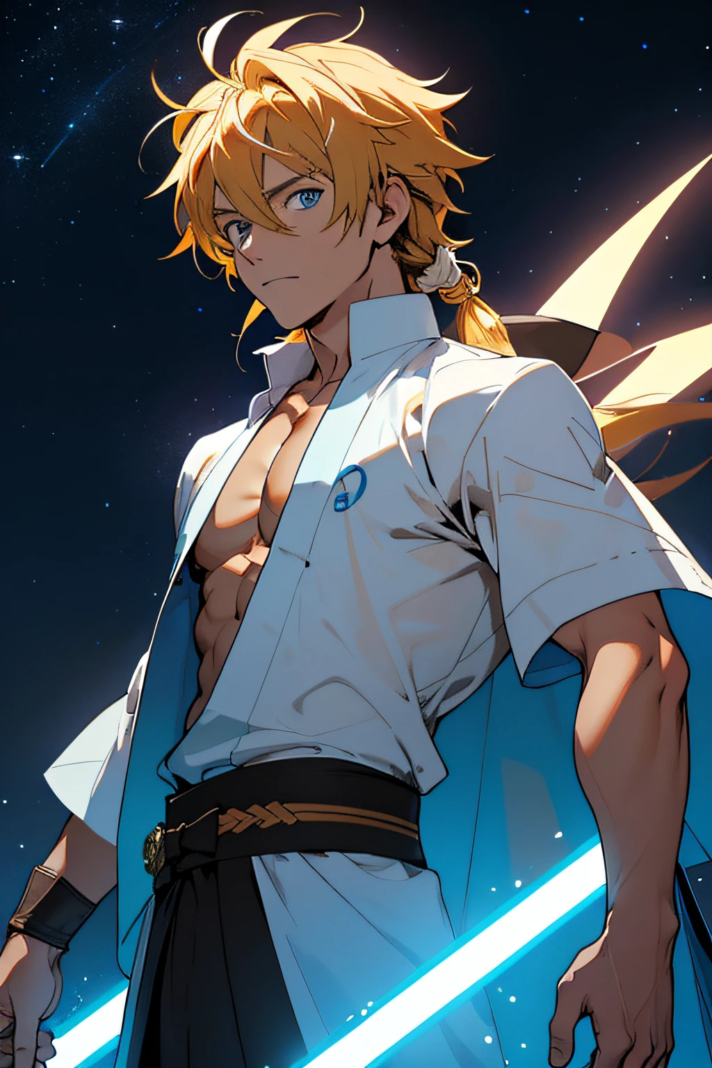 JEDI ROBE. Obra maestra, ojos azules de mejor calidad, Juego CG, 1 , solo, Enfoque masculino, Mirando al espectador, Parte superior del cuerpo, Adolescente guapo, Meliodas, Pelo largo y amarillo (cabello hasta los hombros), ojos azules apretados, dark brown fitted shirt, (Camisa abierta) toned muscles, Pecs, 8 ABS, piernas tonificadas, ligeramente abultado, Noche, estrellas luna, Nebulosas, Ciudad espacial, JEDI ROBE, Ciudad espacial