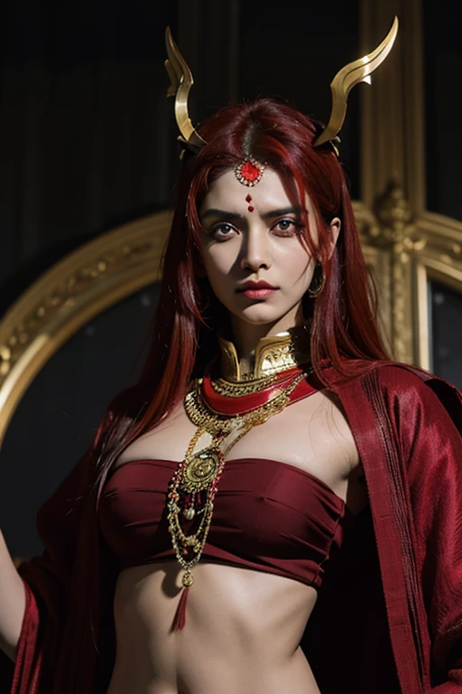 "Create a compelling anime villain inspired by India: Rudra Roop, with fiery red hair and a menacing presence. Infuse elements of Indian mythology and symbolism into the character's design, incorporating dark, regal attire and fierce, calculated demeanor. Reflect India's mythological complexity and depth in Rudra Roop's persona."