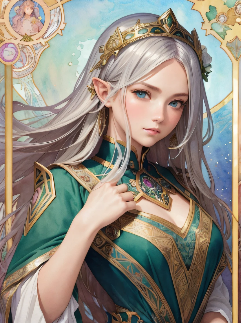 ((hight resolution、top-quality、super detailing、best picture、watercolor paiting、thick outlines、mats、by mucha))、flowing lines、elvish、1 girl, 28 year old、skiny、cin、stright long hair、Beautiful silver hair、blue eyess、half up、Hair swaying in the wind、luxury circlet、de pele branca、Hanshin seen from the front、is standing、green stunning queen dress、s Armor、鎖骨、Geometric pattern、(florals)、Hand down、Soft Air、Serious face、Detailed hand depiction