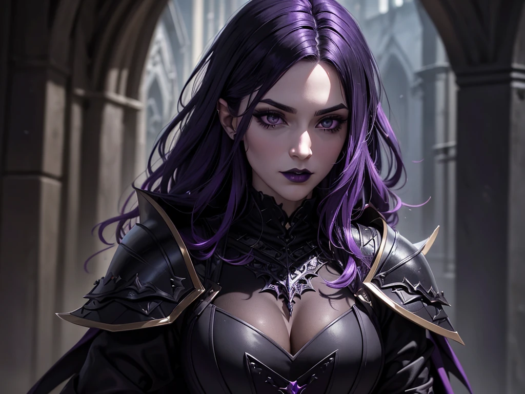 An adult vampire wizard character wearing a very detailed and beautiful gothic armor in black and purple color. Seu cabelo com corte em estilo curto, black lip color, cor roxa dos olhos;, manto, capuz, caminhando, 8k, Magnificent, Black and purple Gothic armor, capa