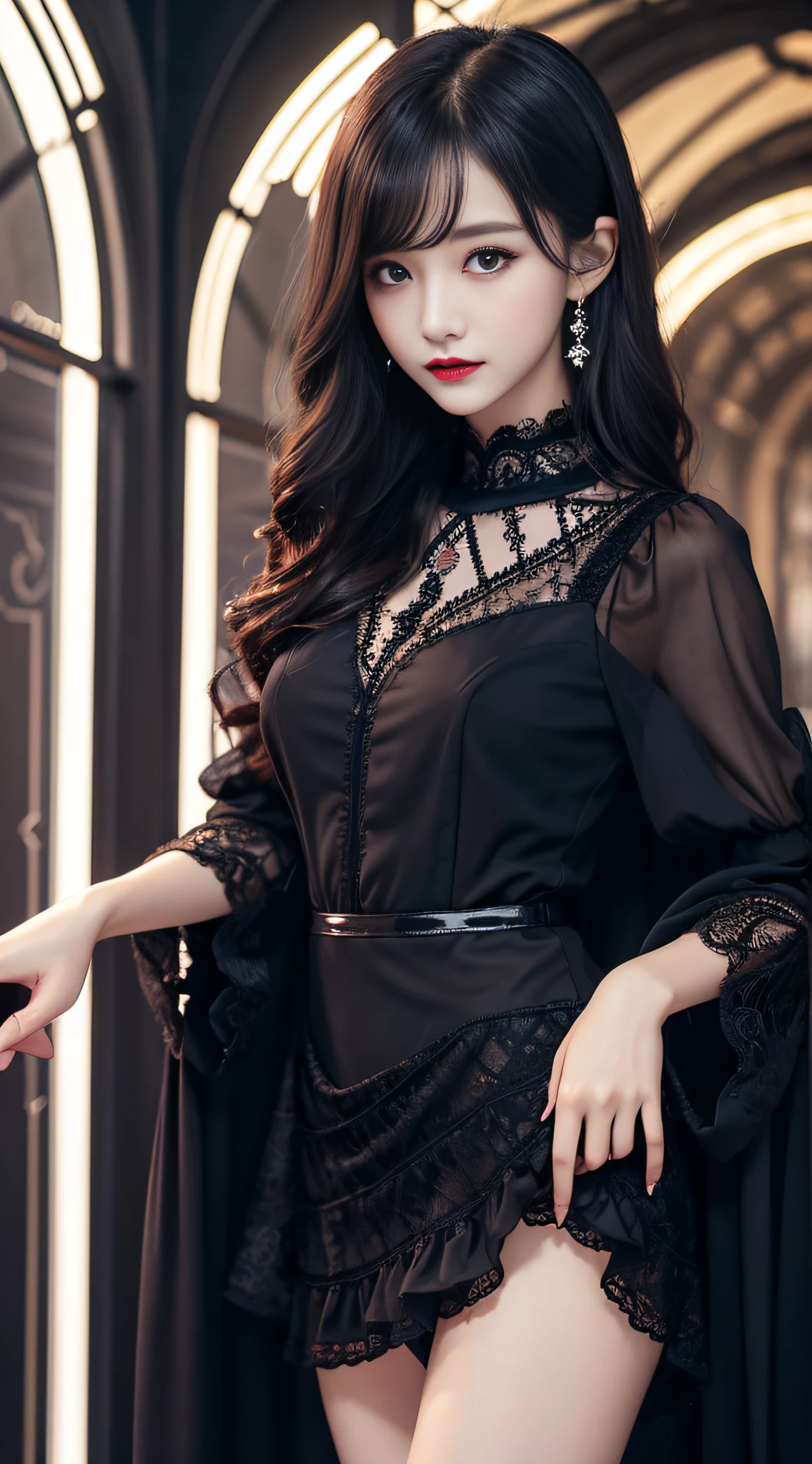 Ultra-detailed、Fascinating beauty、Dainty woman、Cool Girl、Wavy Hair、Black chiffon dress、Wide sleeves、flered skirt、Evil Female Executive、Evil Fall、brainwash、lacy fabric、Glossy legs、black lipstick、Evil look、Suspicious look、Hollow eyes、wicked、Reaching out、Over Head Shot、Hold your hand over it、stand up