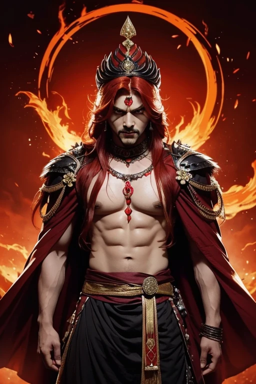 "Create a compelling anime villain inspired by India: Rudra Roop, with fiery red hair and a menacing presence. Infuse elements of Indian mythology and symbolism into the character's design, incorporating dark, regal attire and fierce, calculated demeanor. Reflect India's mythological complexity and depth in Rudra Roop's persona."