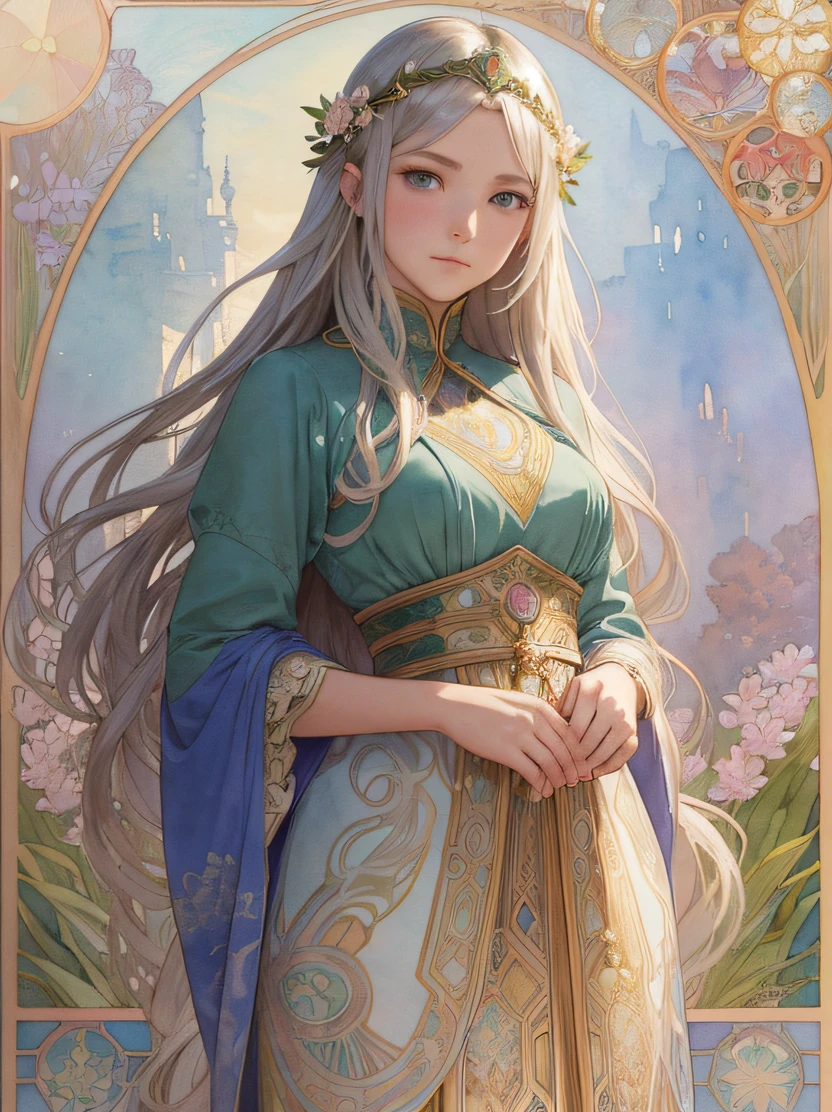 ((hight resolution、top-quality、super detailing、best picture、watercolor paiting、thick outlines、mats、by mucha))、flowing lines、elvish、1 girl, 28 year old、skiny、cin、stright long hair、Beautiful silver hair、blue eyess、half up、Hair swaying in the wind、luxury circlet、de pele branca、Hanshin seen from the front、is standing、green stunning queen dress、s Armor、鎖骨、Geometric pattern、(florals)、Hand down、Soft Air、Serious face、Detailed hand depiction