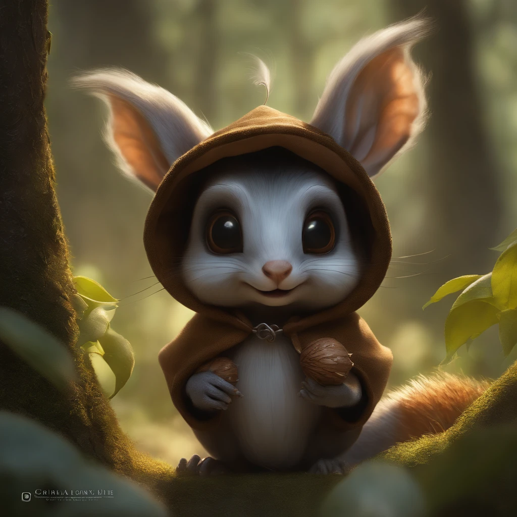 真实感, Realism, Close up of cute tiny fireflies around a huge oak tree, Morning lighting, dew, illuminate the bush, a detailed painting, cgsociety, Detailed painting, artstation hd, high detail, cgsociety, photo realism, Concept art, artstation hd, official arts, bokeh  ,gremlin, mole-like, wear a hooded shirt, Knitted jacket, assassin style, bright silver and brown, Small tail, large ears, covered with silver fur, water, stands on the shore, Best Quality, Masterpiece, in style of dark fantasy art, gremlin, mole-like, holding a huge acorn in his paws, bright silver and brown, short tail, elongated nose,,,,,, huge ears, covered with silver fur,tousled, five toes on each paw, holding a huge acorn in his paws, I&#39;m standing in a forest clearing under the foliage of bast., acorns lie in the clearing, acorns glow, Crickets fly, Best Quality, Masterpiece, in style of dark fantasy art, fantasy-inspired, in the style of John Tolkien,  (CBZBB:1.25), ((gremlin),Zhkute, Small, baby, Beautiful, Fantasy art, deviant art, trending artstation, Digital Art, Detailed, Realistic, humanoid, character, tiny, Cinematic shot, holding an acorn in his paws, large ears, elongated nose, cinematic portrait of a mole,  naturalist, huge oak roots, entrance to the pit, Fireflies,