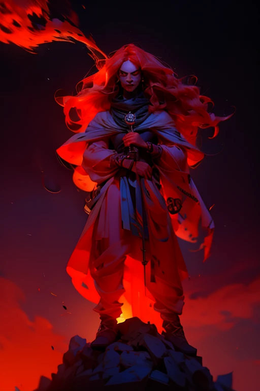 "Create a compelling anime villain inspired by India: Rudra Roop, with fiery red hair and a menacing presence. Infuse elements of Indian mythology and symbolism into the character's design, incorporating dark, regal attire and fierce, calculated demeanor. Reflect India's mythological complexity and depth in Rudra Roop's persona."