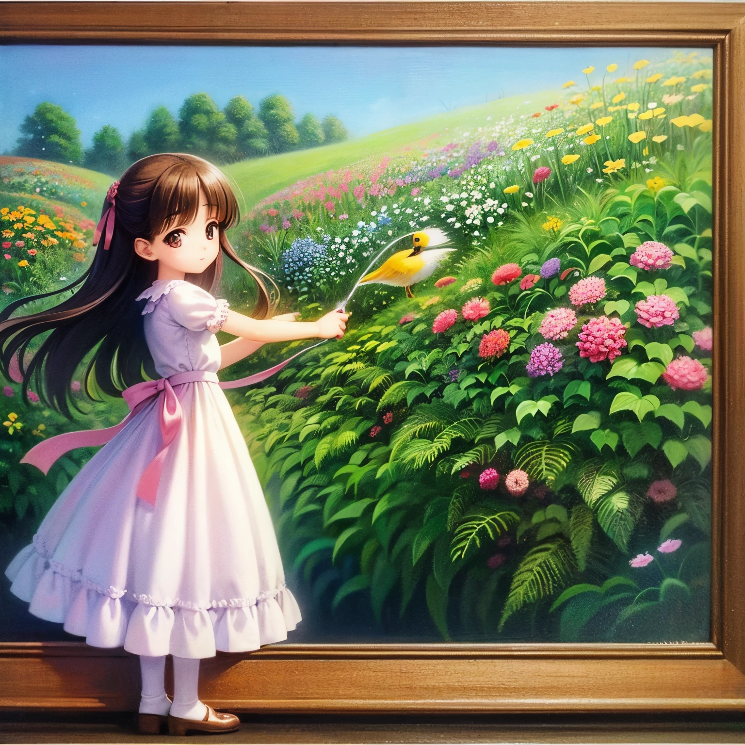 super high quality, oil painting, painting, a very cute girl watering flowers in the garden, birds, blue skies