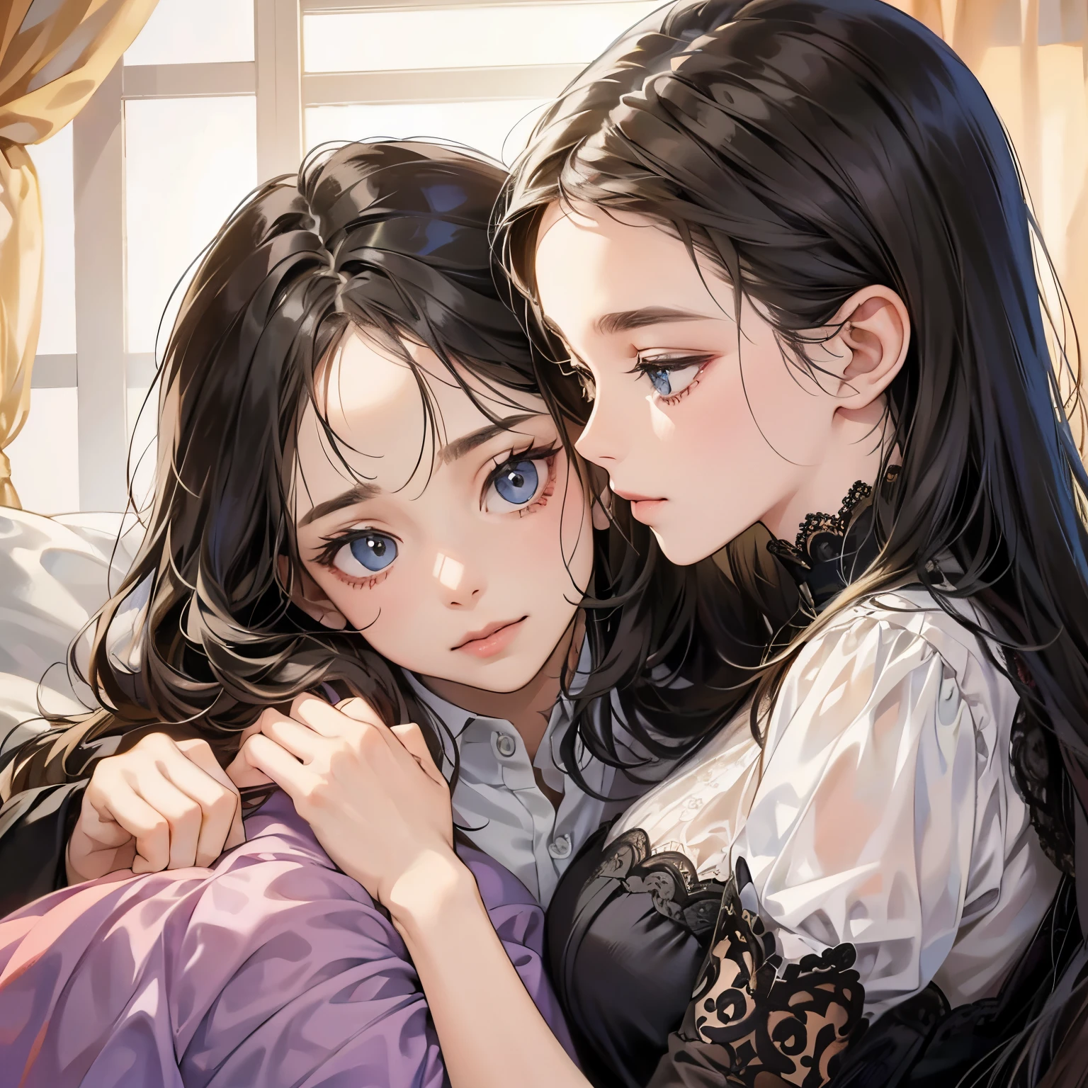 (Masterpiece, best quality, exquisite details), (mother, daughter: 1.1), hug, hug, happy, background bedroom, colorful, bright, tears, crying