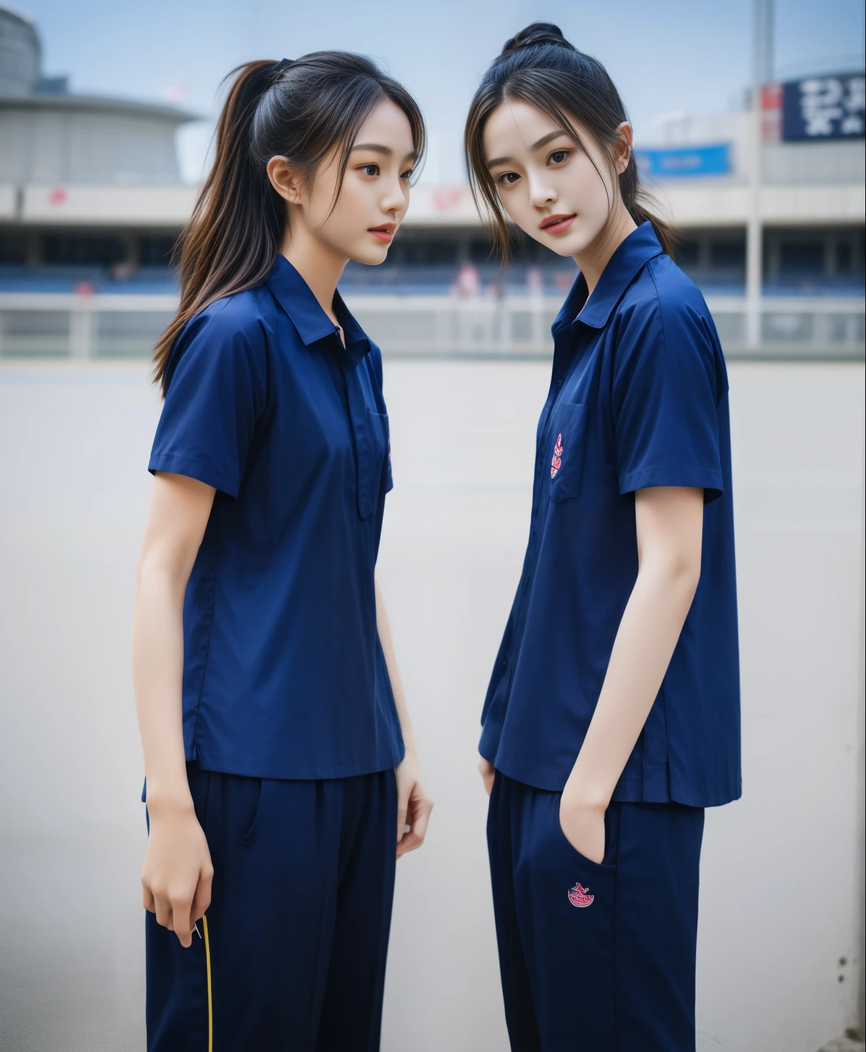 (bestquality,10,10,highres,masterpiece:1.2),ultra-detail,(Realistic,photorealistic portrait,photo-realistic:1.37),1 Cute girl in the football field,oily shiny skin,bara,light smile,BDclothes,((blue shirt:1.3)),short sleeves,shirt, trousers.,(navy_long_Pants Track:1.1), ((Stadium Background:1.3)),dynamic angle,excited,face focus,Dynamic Poses,from behide,Ass Focus,masterpiece, bestquality, ultra realistic, hyper-detail, 8k resolution, RAW photo, crisp focus, ((Navy blue shirt:1.1)), short sleeves, Long Path, Perfect body, 2 mature women, 18yo, cinematic light,Blue sweatpants,Gymware,Correct anatomy,Complete body, Correct body, sharp face, Anatomically correct body, full entire body, Realistic gestures, long-haired, Realistic poses,Wear long shorts..........................,Long leg span,Shapely,Sculpting Girl, Slender Figure, mannequin mannequins, Shapely, Beautiful body,Blue sweatpants, Two girls kissing