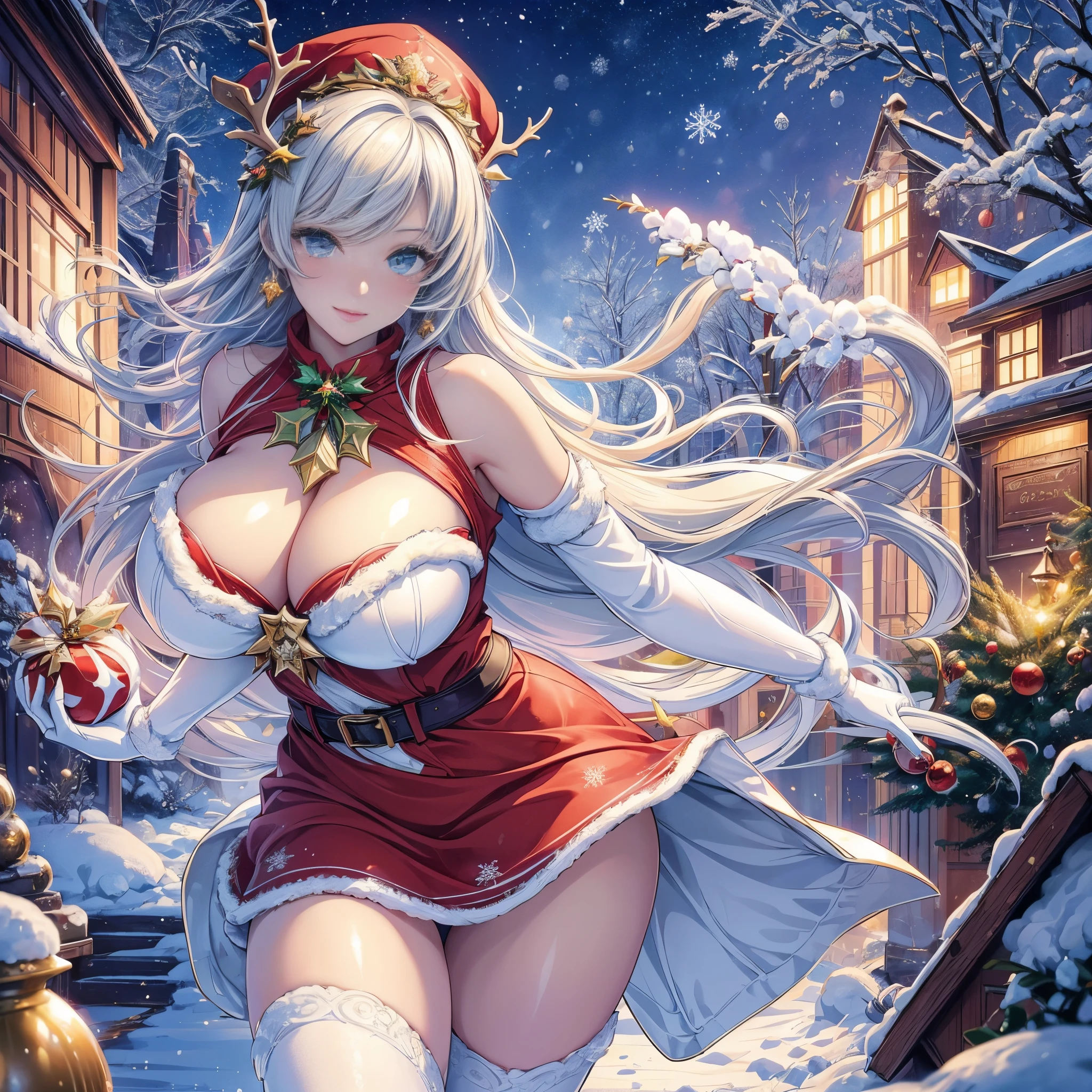 (best quality,4k,8k,highres,masterpiece:1.2),ultra-detailed,(realistic,photorealistic,photo-realistic:1.37),(Best quality, 8k, 32k, Masterpiece, UHD:1.3),Photo of glamorous woman, 1girl, ((Huge breasts :1.5)), (abs, slender figure, perfect body :1.2), (erotic dress: 1.1), (indoor, night :1.2), ultra-detailed face, detailed lips, detailed eyes, double eyelid sexy,beautiful detailed eyes,beautiful detailed lips, sexy flirting pose, spread wide open leg, flirting face, extremely detailed eyes and face,longeyelashes,1girl,portraits,illustrations,present,Christmas tree,sparkling lights,cosy red hat and gloves, mini dress, voluptuous breasts, winter wonderland,wonderment,happiness,presents,excitement,joyful expressions,magical atmosphere,mistletoe,decorations,fluffy snow,rooftop,starry sky,peppermint candy canes,magical reindeer,enchanted forest,frosty breath,glowing fireplace,wrapping paper,ornaments,Christmas stockings,snow-covered ground,sleigh,shimmering snowflakes,delightful surprises,glittering ornaments,cheerful laughter,anticipation,happy reunions,cozy socks,cocoa,gingerbread cookies,snowball fights,icicles
