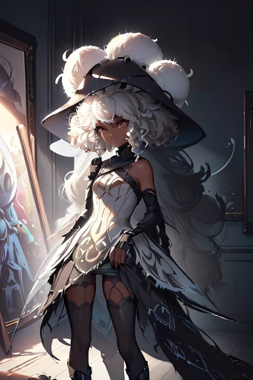 by Splatoon, (A beautiful afro dark-skinned woman, dressed as a character from the videogame Hollow_Knight:1.5), ((full colors)) (((soft incandescent charcoal and chalk))) artwork that blends Craig Mullins and Greg Rutkowski and Ilya Kuvshinov's illustrative painting style with (hints of Legend_of_Zelda 2 0 1 7 Aesthetics:1.35)