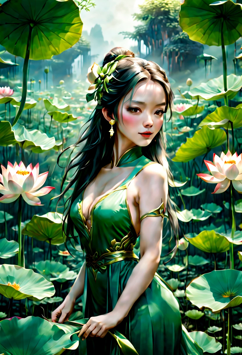 (Plant Girl:1.4), (Lotus flower, nature theme, nature, Ancient Chinese), bright green, (best quality, masterpiece, Representative work, official art, Professional, unity 8k wallpaper:1.3)