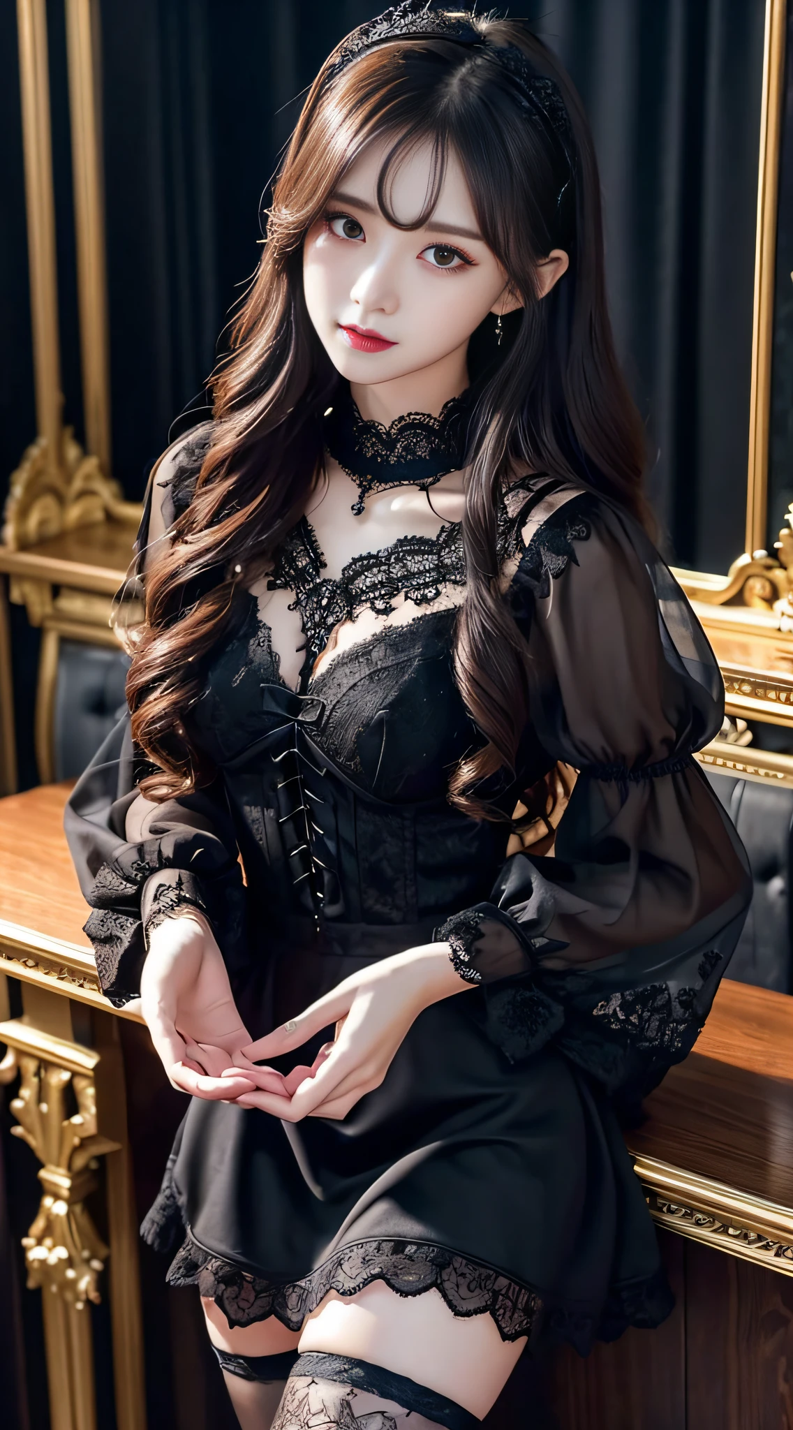 Ultra-detailed、Fascinating beauty、Dainty woman、Cool Girl、Wavy Hair、Black chiffon dress、Wide sleeves、flered skirt、Evil Female Executive、Evil Fall、brainwash、lacy fabric、Glossy legs、black lipstick、Evil look、Suspicious look、Hollow eyes、wicked、Reaching out、Over Head Shot、Hold your hand over it、stand up
