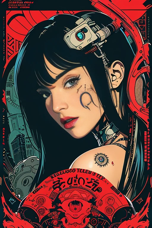 Rated R, nsfw, sexy female cyborg, magazine cover, poster art , Lovecraftian horror tattoos, hint of vibrant, bold huge text, matted design layout.