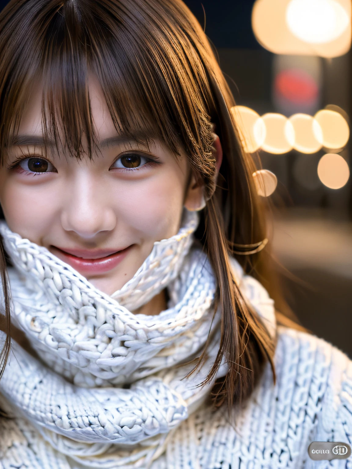 1 japanese girl,(White sweater:1.4),(She wears a knitted snood around her neck to hide her chin........:1.5), (Raw photo, Best Quality), (Realistic, Photorealsitic:1.4), masutepiece, extremely delicate and beautiful, Extremely detailed, 8k wallpaper, amazing, finely detail, extremely detailed CG Unity, hight resolution, Soft light, Beautiful detailed 19 year old, extremely detailed eye and face, beautiful detailed nose, Beautiful detailed eyes,Cinematic lighting,city light at night,Perfect Anatomy,Slender body,Smiling  (hair messy, asymmetrical bangs, light brown hair,)