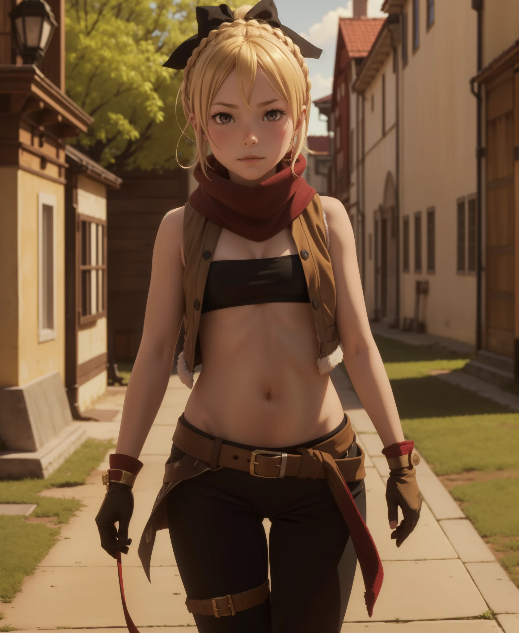 thighs,pov,cameltoe,covered nipples,
girl,blonde hair,red eyes,crown braid,black bow,short hair,ahoge,hair between eyes,bangs,hair bow,
red scarf,black bandeau,cropped jacket,brown jacket,flat chest,cleavage,sleeveless,bare shoulders,sheathed,fur trim,belt,midriff,navel,torn scarf,brown vest,fur-trimmed gloves,brown gloves,groin,navel,single pantsleg,black pants,open vest,ribbon,
(walking:1.5),, Exquisite visuals, high-definition,masterpiece,best quality,, 18yo,Young female,Beautiful Fingers,Beautiful long legs,Beautiful body,Beautiful Nose,Beautiful character design, perfect eyes, perfect face,expressive eyes,
official art,extremely detailed CG unity 8k wallpaper, perfect lighting,Colorful, Bright_Front_face_Lighting,shiny skin, 
(masterpiece:1.0),(best_quality:1.0), ultra high res,4K,ultra-detailed,
photography, 8K, HDR, highres, absurdres:1.2, Kodak portra 400, film grain, blurry background, bokeh:1.2, lens flare, (vibrant_color:1.2), (beautiful_face:1.5),(narrow_waist), ,NSFW,