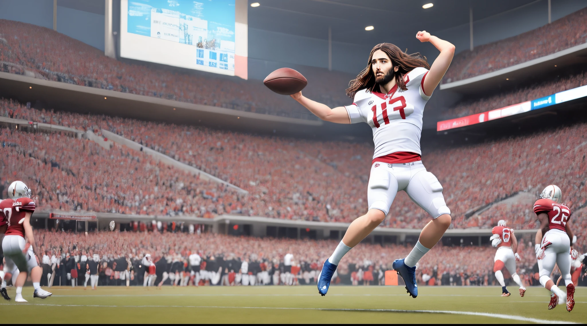Jesus christ catching a football one handed