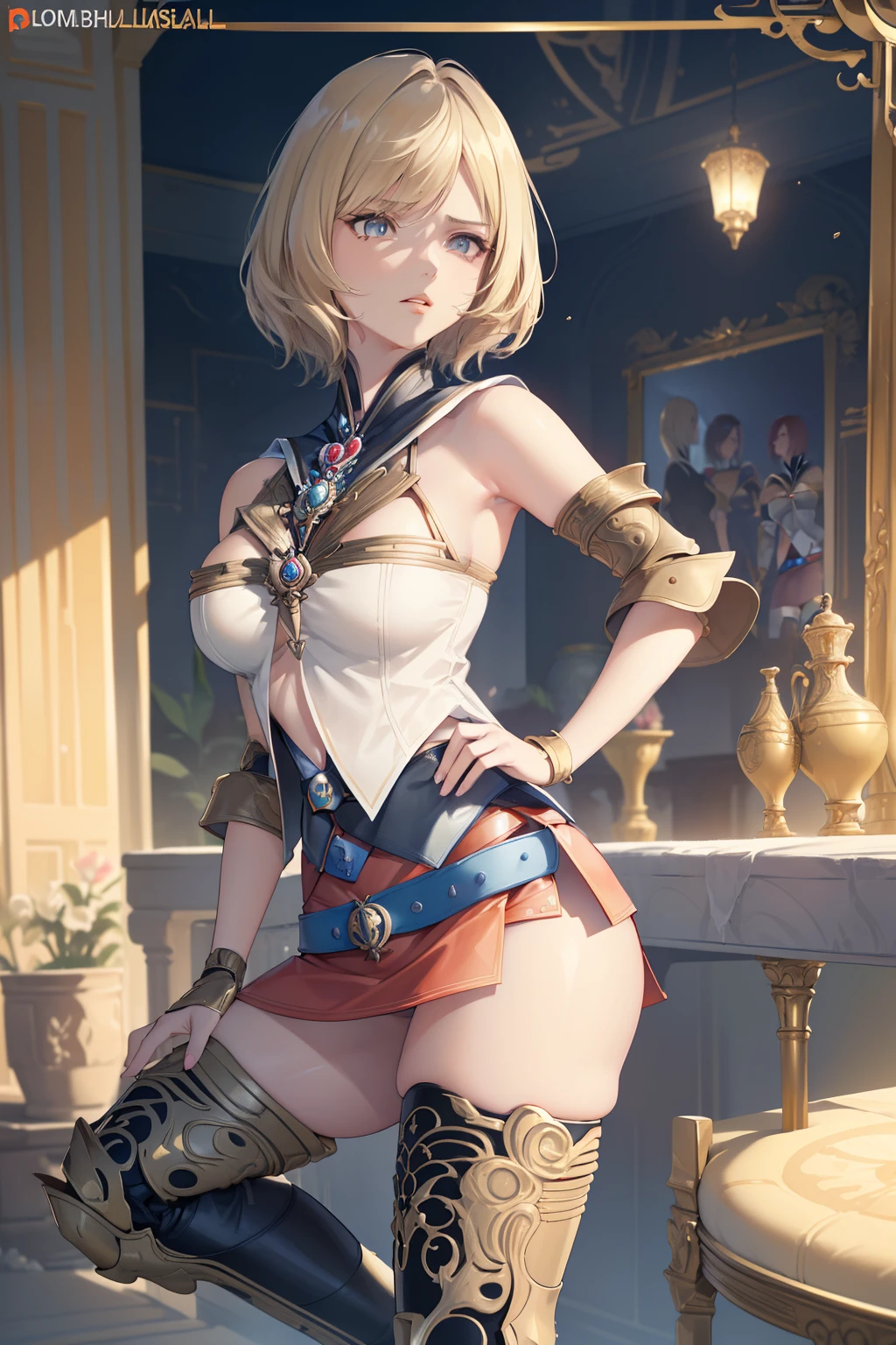 (the golden ratio,masutepiece, of the highest quality, Best Quality, Beautiful and aesthetic:1.2), ighly detailed, Colorful,highest details, (Adults,age19,1girl in, Solo, Final Fantasy 12,Ashelia, shorth hair, short-hair,Ashelia Costume, Colossal tits, a miniskirt,thigh high boots, thighs thighs thighs thighs, jewely,Contemptuous look,Eyes like looking at garbage, her hand lifts her skirt.,Show me your panties,trying to trample on you