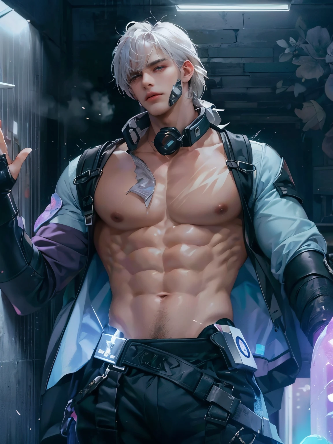 Young males，white color hair，Clothes open，Pectoralis abdominal muscles，Bright colors，the complex background，HighestQuali，8K quality