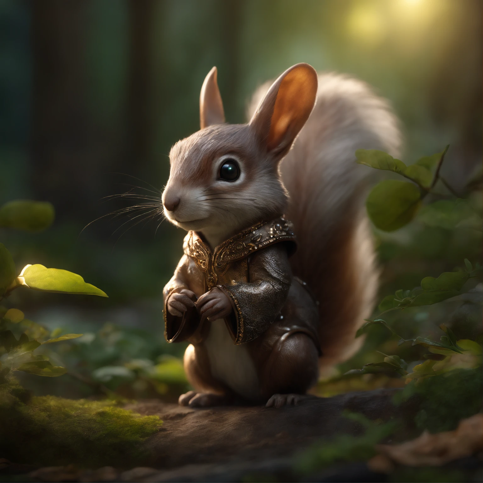 真实感, Realism, Close-up angle of cute tiny fireflies, illuminating the bush, a detailed painting, cgsociety, Detailed painting, artstation hd, high detail, cgsociety, photo realism, Concept art, artstation hd, official arts, bokeh ,(CBZBB:1.25), ((gremlin),Zhkute, , Beautiful, Fantasy art, deviant art, trending artstation, Digital Art, Detailed, humanoid, character, tiny, Cinematic shot, cinematic portrait of a squirrel , wear a tunic with a hood, dark fantasy style, fentezi, John Tolkien,gremlin, squirrel-like, bright silver and sob, long tail, Large tasseled ears, covered with silver fur, water, stands on the shore, Best Quality, Masterpiece, in style of dark fantasy art, gremlin, squirrel-like, bright silver and brown, long tail, double nose, huge ears with tassels, covered with silver fur, wear a brown vest, tousled, five toes on each paw, holding a huge acorn in his paws, I'm standing in a forest clearing under the foliage of bast., acorns lie in the clearing, acorns glow, Crickets fly, Best Quality, Masterpiece, in style of dark fantasy art, fantasy-inspired, in the style of John Tolkien,