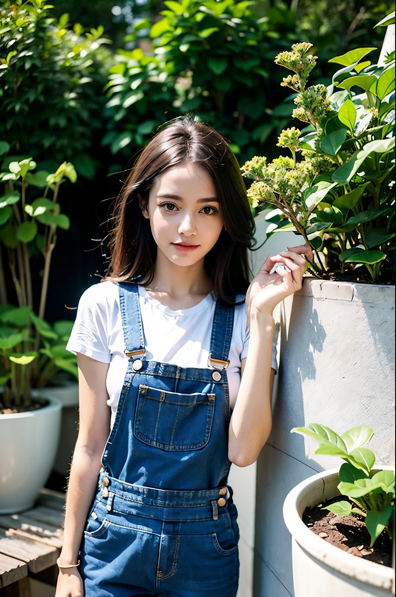 One girl, solo,2 yearsold,dungarees, holding a plant in a pot, 5 fingers