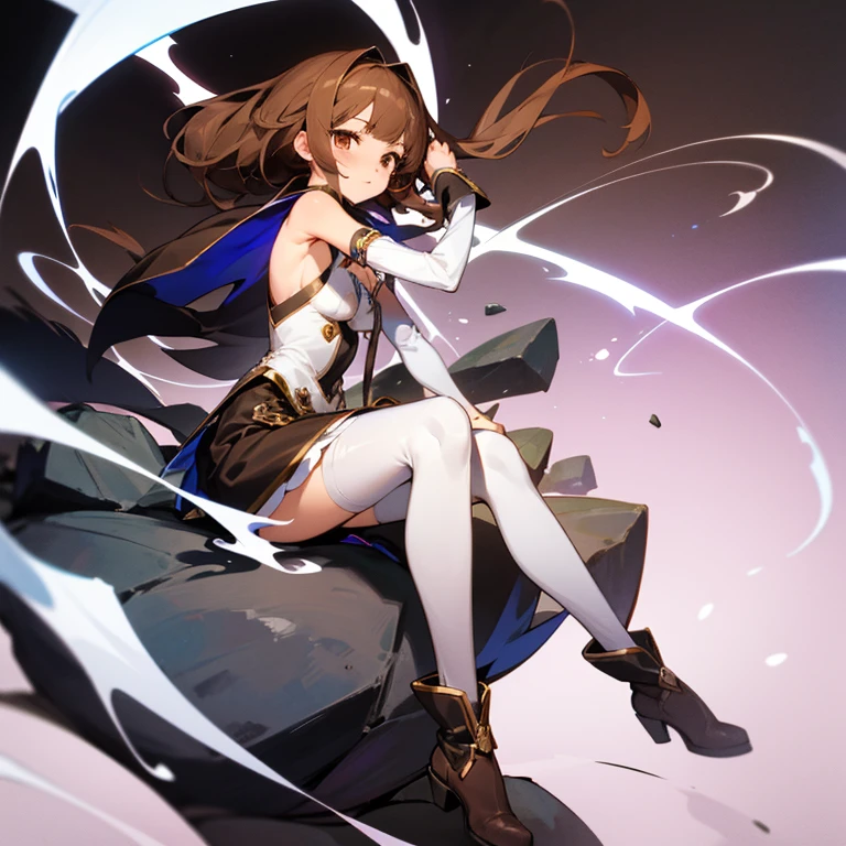 tmasterpiece, Best quality, girl, A beautyful girl, magical_girl, mediuml breasts, White panty hose, boots,sleevelessdress, Shoulder-length hair, through bangs, Brown hair,the shy, with brown eye,rock hair accessories