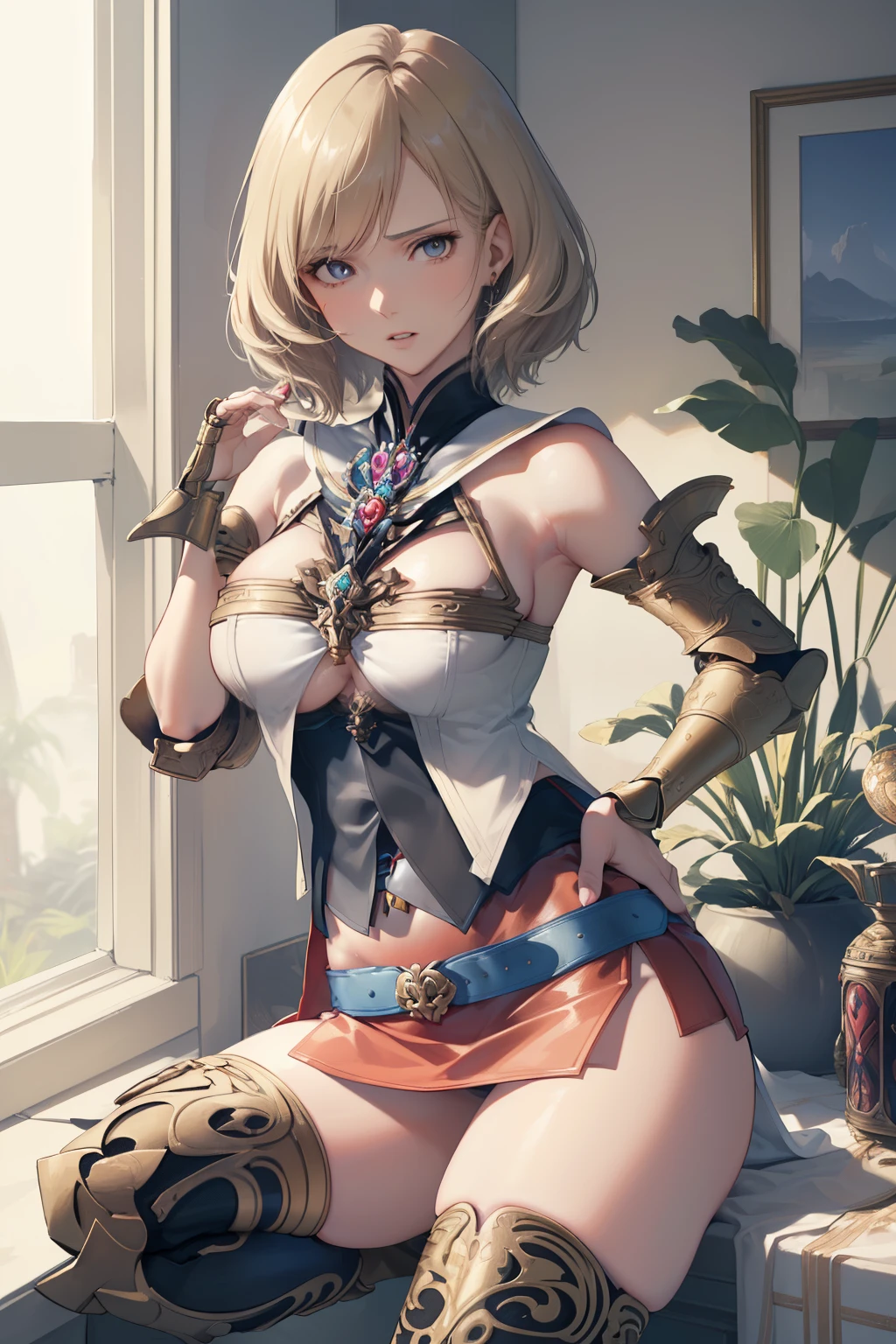 (the golden ratio,masutepiece, of the highest quality, Best Quality, Beautiful and aesthetic:1.2), ighly detailed, Colorful,highest details, (Adults,age19,1girl in, Solo, Final Fantasy 12,Ashelia, shorth hair, short-hair,Ashelia Costume, Colossal tits, a miniskirt,thigh high boots, thighs thighs thighs thighs, jewely,Contemptuous look,Eyes like looking at garbage, her hand lifts her skirt.,Show me your panties,trying to trample you