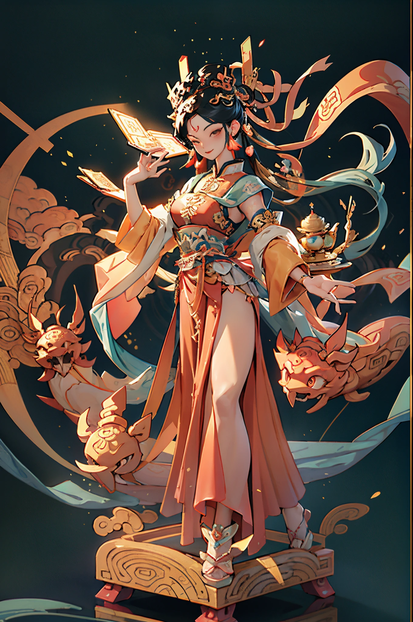 Depicting a Creator Goddess，Nuwa is the creation goddess in Chinese Mythology。This is a large statue of a goddess that has been passed down from the matriarchal period of primitive society.。Deep background，，marvelous and unbelievable，Epic creation，(Intricate details，Ultra Detail:1.2)，Hyper-photorealism, epic realistic, ((Neutral colors)),(Pastel colors:1.2), Surrealism, + Lenses + Dynamic Synthesis, Rich in details, Sharpen, Movie, Warm lamps, Lighting Effects, Dramatic light, (Intricate details:1.1), Complex background, (Greg Rutkowski:0.8),Full body image，Flying in the sky，Statue of the Great Goddess，Chinese Mythology，