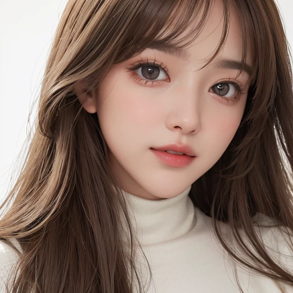 An ultra-high picture quality、超A high resolution、ultra-detailliert、masterpiece、top-quality、White background、facial close-up、Raw photo、Authentic beauty、1 girl、A girl who is honest and looks straight ahead.、a smile、Very beautiful girl、Very pretty girl、a japanese girl、20 years girl、Light brown hair、long straight hair with bangs、A detailed eye、beautidful eyes、 Highlights in the eyes、Brown eyes、Detailed double eyelids、Beautiful double eyelids、Detailed tear bag、beautiful tear bag、Beige Cable Knit Turtleneck Sweater
