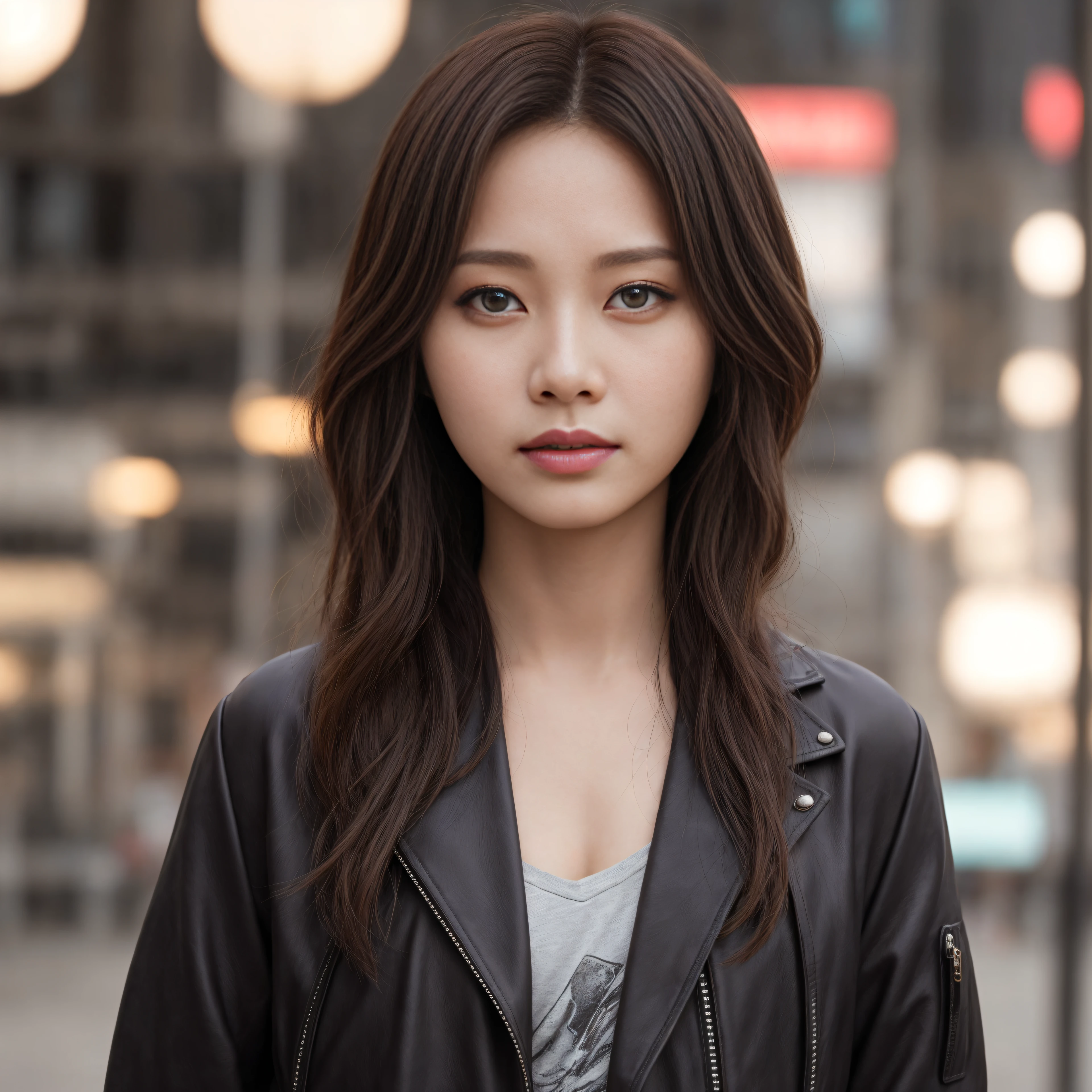 wearing leather jacket, hyper realistic lifelike texture dramatic lighting unreal engine trending on art station, award - winning photo, nikon RAW photo,8 K, 富士XT3,masutepiece, Best Quality, Realistic, Photorealistic, ultra-detailliert, extra detailed face, Solo,1girl in, Standing, Fashionable and trendy atmosphere, High-end makeup products, and a stylish expression on her face, close up, T-shirt, Beautiful detailed girl, extremely detailed eye and face, beautiful detailed nose, Beautiful detailed eyes, Cinematic lighting, city light at night, Perfect Anatomy