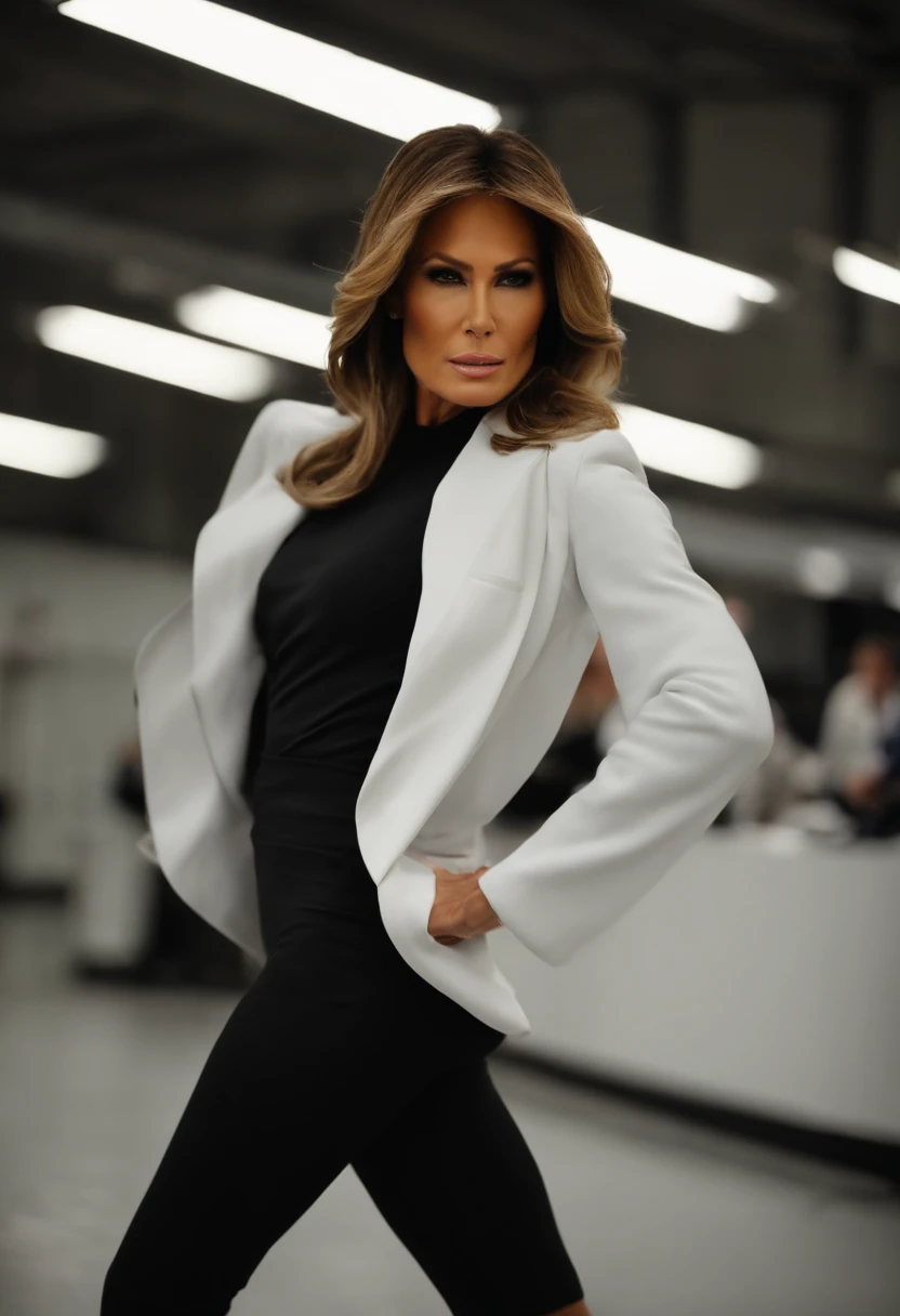 A video of Melania elegantly practicing self-defense moves with a skilled instructor, displaying precision and focus in every technique.,original,Melania Trump, known for her time as the First Lady of the United States, carries an air of refined elegance, a reflection of her past as a professional model. Her tall, slender figure and fashion-forward style choices often captured attention during public appearances. Her modeling background was evident in her poised and graceful demeanor, often seen in meticulously chosen designer outfits that highlighted her statuesque presence., female