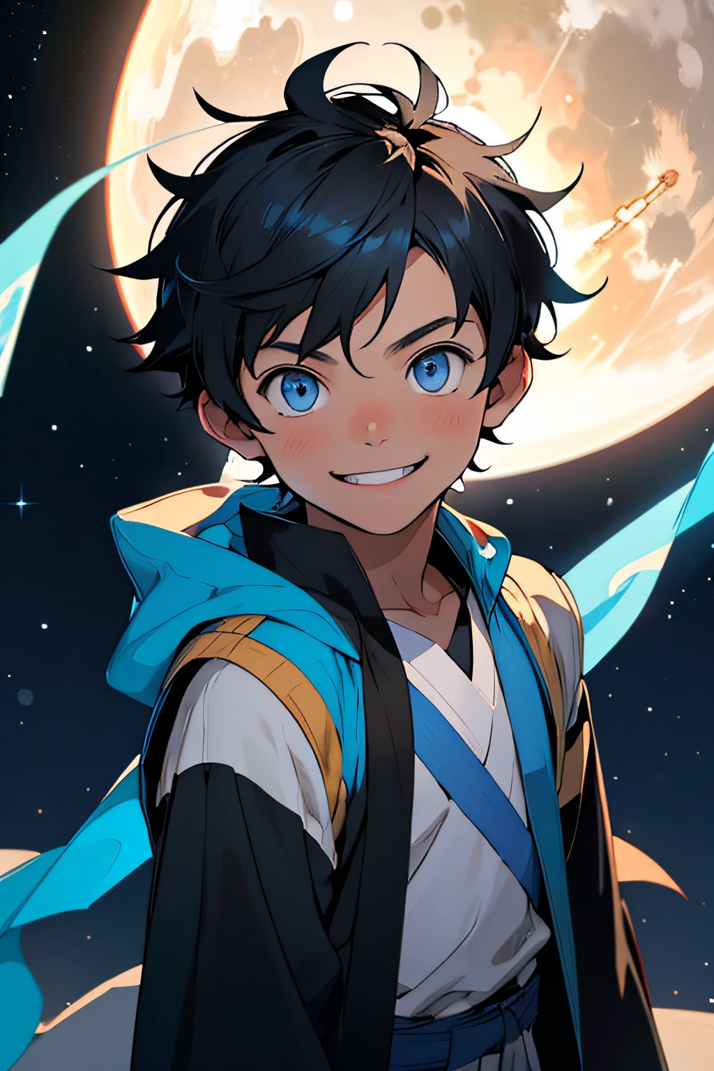 JEDI ROBE. Obra maestra, ojos azules de mejor calidad, Juego CG, 1 child, solo, Enfoque masculino, Mirando al espectador, Parte superior del cuerpo, chico guapo, (cabrito) Damian Wayne, pelo corto (Cabello negro azabache), ojos azules apretados, They are smiling, ((sonrisa inocente y pura)), friendly expression, cute ???, ((Male boy))dark brown fitted shirt, lean muscles, ligeramente tonificado, Noche, estrellas luna, Nebulosas, Ciudad espacial, JEDI ROBE, Ciudad espacial