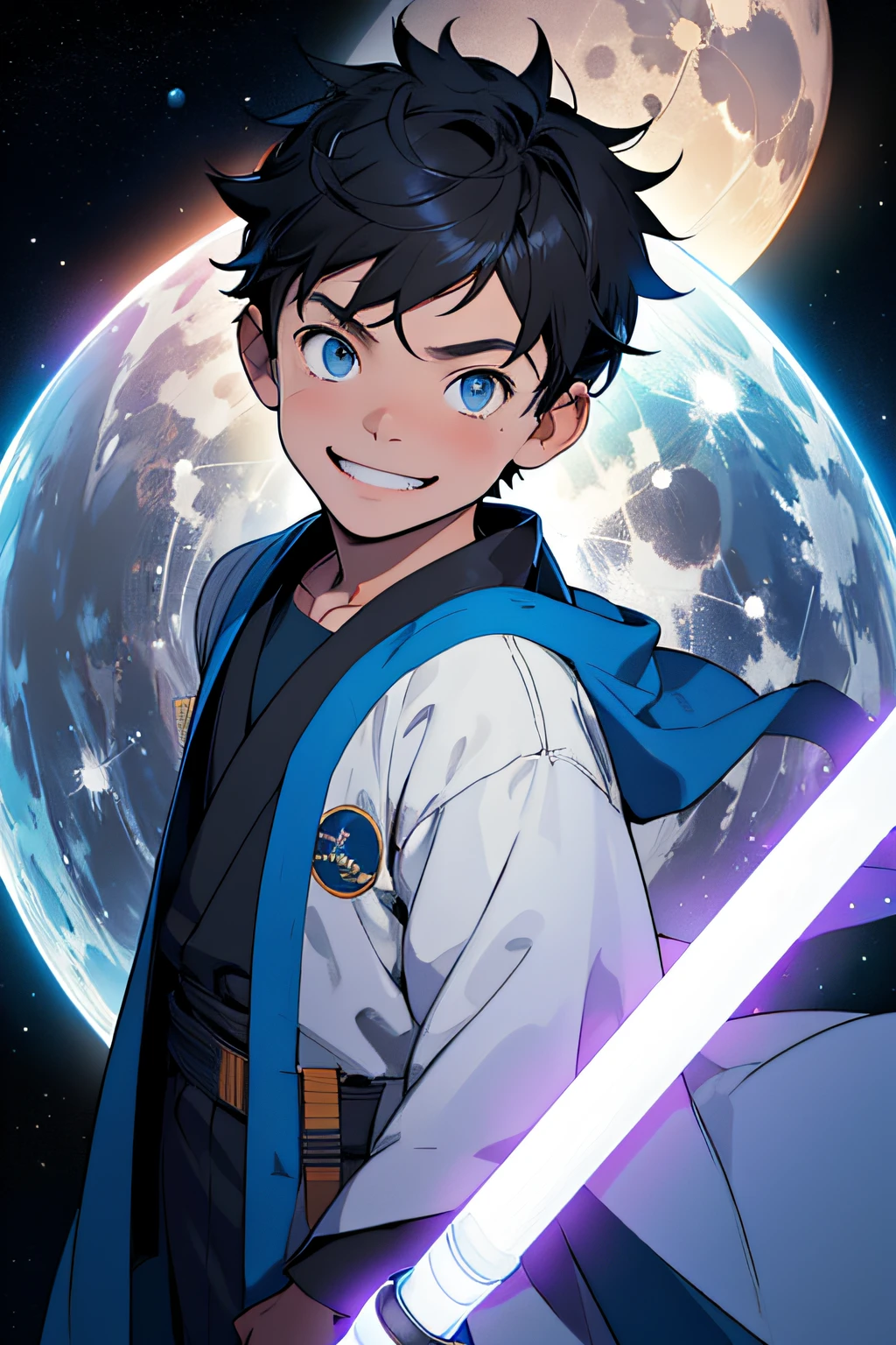 JEDI ROBE. Obra maestra, ojos azules de mejor calidad, Juego CG, 1 , solo, Enfoque masculino, Mirando al espectador, Parte superior del cuerpo, chico guapo, (cabrito) Damian Wayne, pelo corto (Cabello negro azabache), ojos azules apretados, They are smiling, ((sonrisa inocente y pura)), friendly expression, cute kid, ale boy))dark brown fitted shirt, lean muscles, ligeramente tonificado, Noche, estrellas luna, Nebulosas, Ciudad espacial, JEDI ROBE, Ciudad espacial