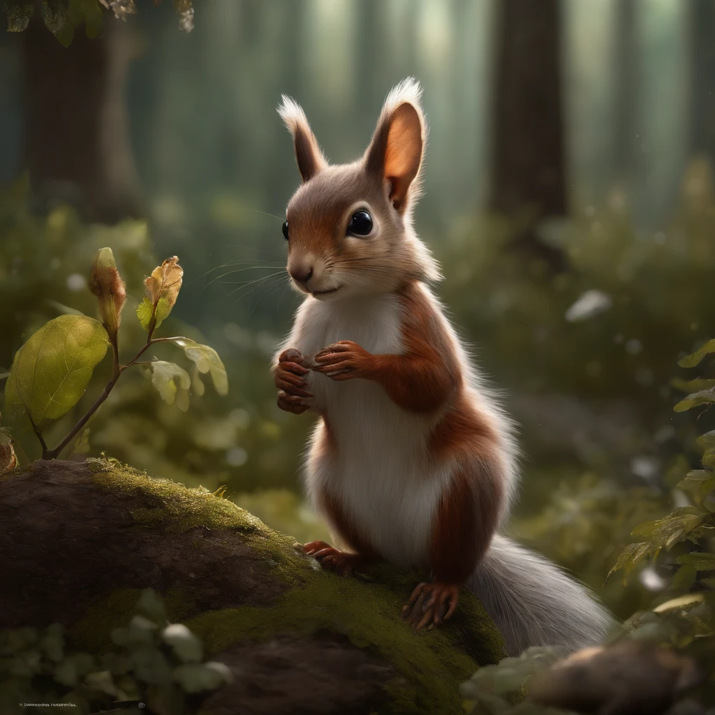 真实感, Realism, Close up of cute tiny fireflies, illuminate the bush, a detailed painting, cgsociety, Detailed painting, artstation hd, high detail, cgsociety, photo realism, Concept art, artstation hd, official arts, bokeh ,(CBZBB:1.25), ((gremlin),Zhkute, Small, baby, Beautiful, Fantasy art, deviant art, trending artstation, Digital Art, Detailed, humanoid, quartet, character, tiny, Cinematic shot, two cinematic creatures, Two animals, two gremlins, portrait of a squirrel and a mole, wear a tunic with a hood, dark fantasy style, fentezi, John Tolkien,gremlin, squirrel-like, bright silver and sob, Long fluffy tail, Large tasseled ears, covered with silver fur, water, stands on the shore, Best Quality, Masterpiece, in style of dark fantasy art, gremlin, squirrel-like, bright silver and brown, long tail, double nose, huge ears with tassels, covered with silver fur, wear a brown vest, tousled, five toes on each paw, holding a huge acorn in his paws, I'm standing in a forest clearing under the foliage of bast., acorns lie in the clearing, acorns glow, Crickets fly, Best Quality, Masterpiece, in style of dark fantasy art, fantasy-inspired, in the style of John Tolkien,