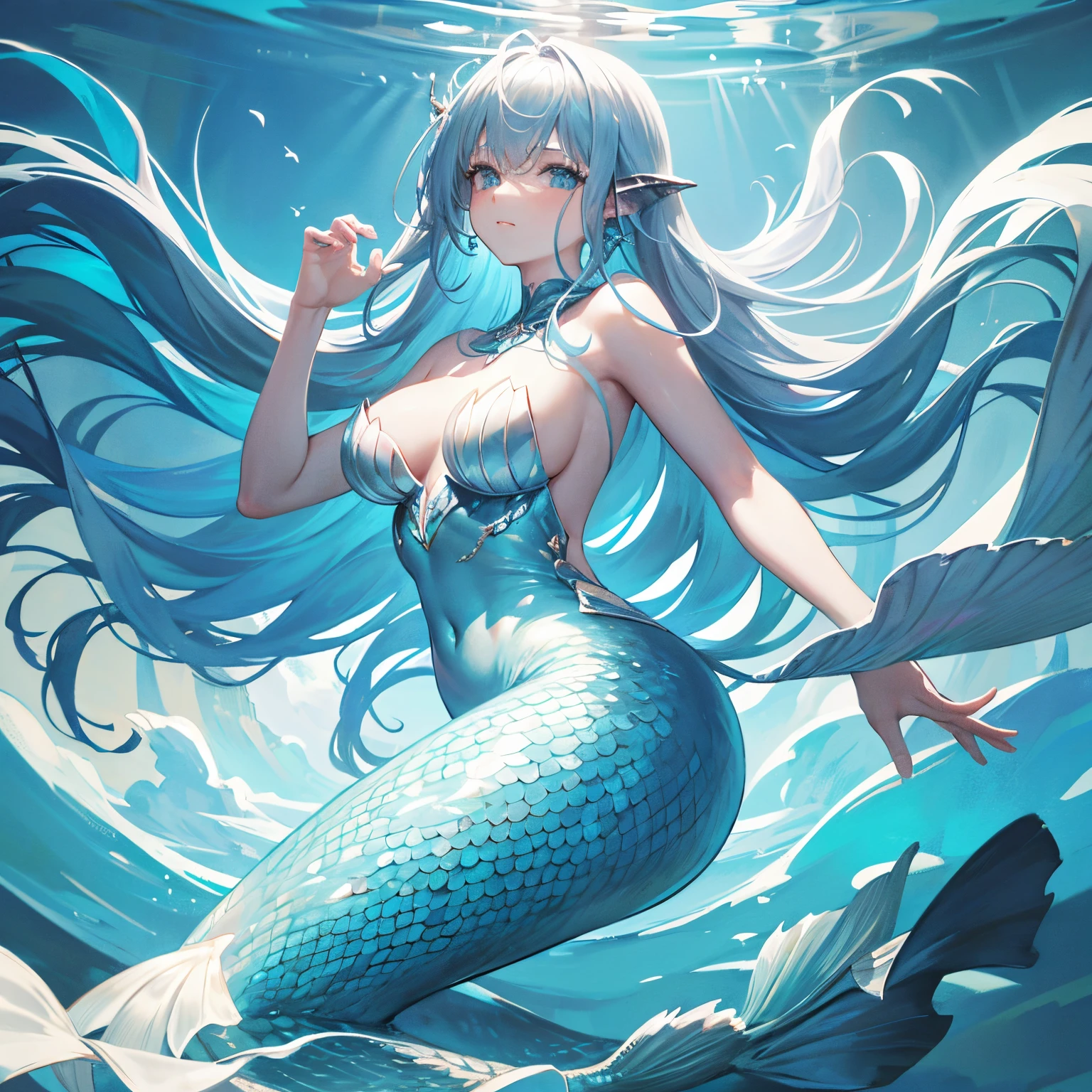 Mermaid swimming gracefully in the sea, Blue Scale, The area under the shoulders is covered with fine scales, silber hair, Earlobes are fins, Scale arm cover that sticks to your skin, elegantly spread caudal fin