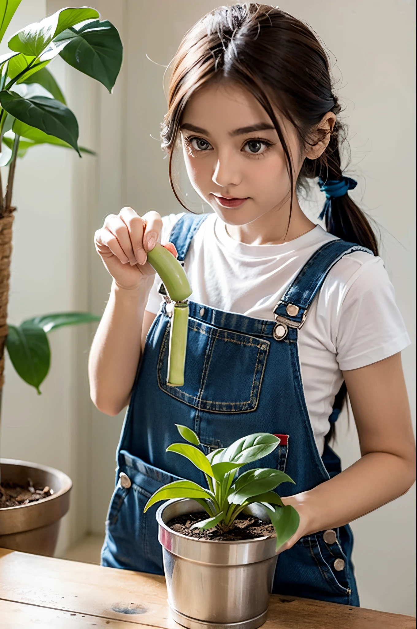 One girl, solo，2 years old，dungarees, holding a plant in a pot, 5 fingers