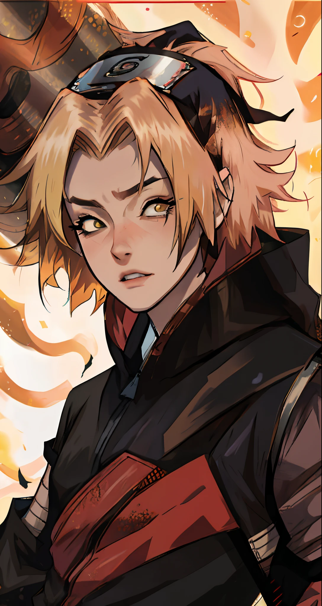Anime, naruto style, obito at  long hair, itachi’s face, right eye closed shut, left eye yellow rinnegan, half dyed right eyebrow blonde and black, hair dyed brown/red