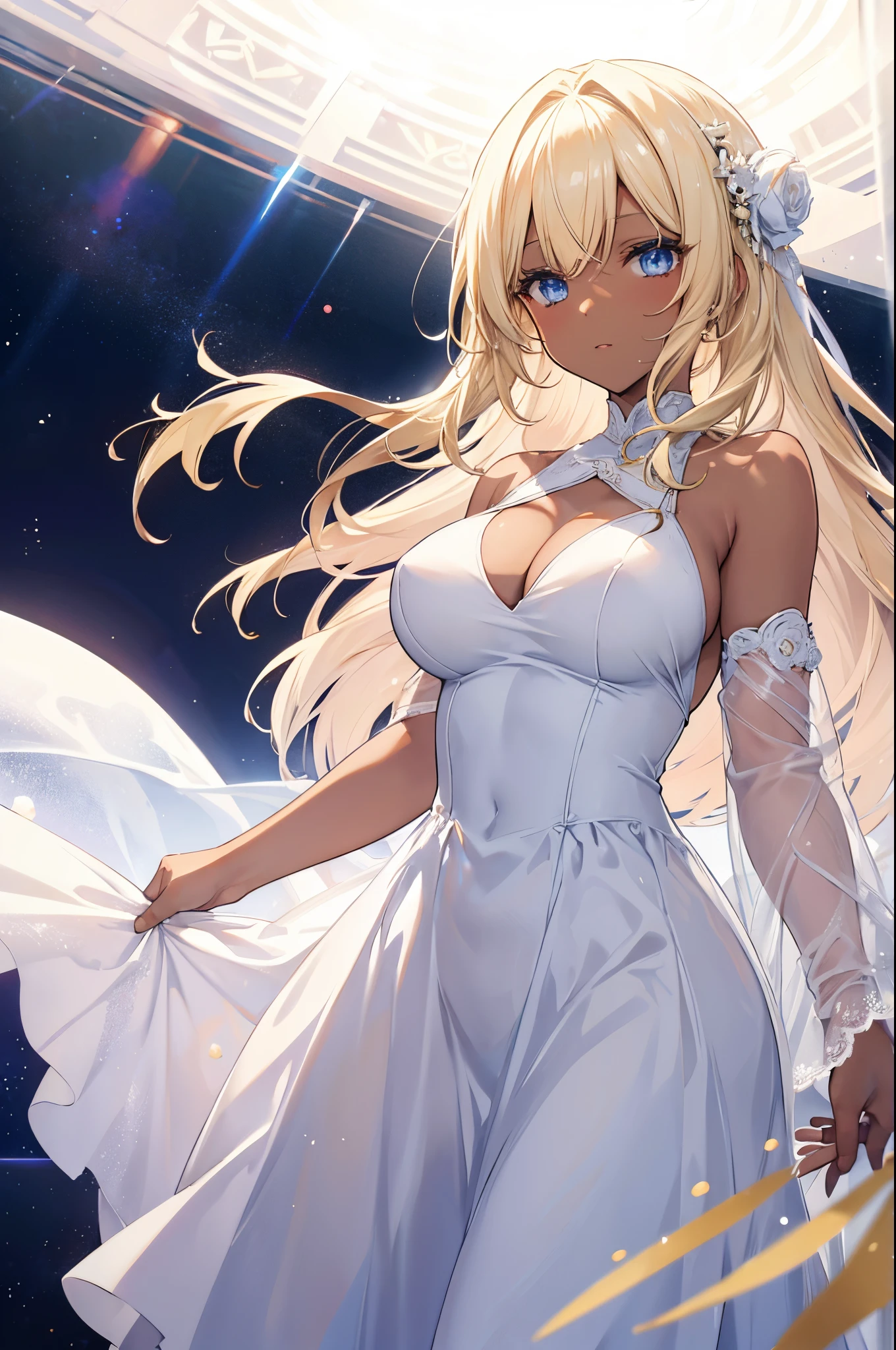 Female, Hime Cut Blonde hair, Blue eyes, dark brown skin, large breasts, wearing a formal white dress. The sun behind with a space background