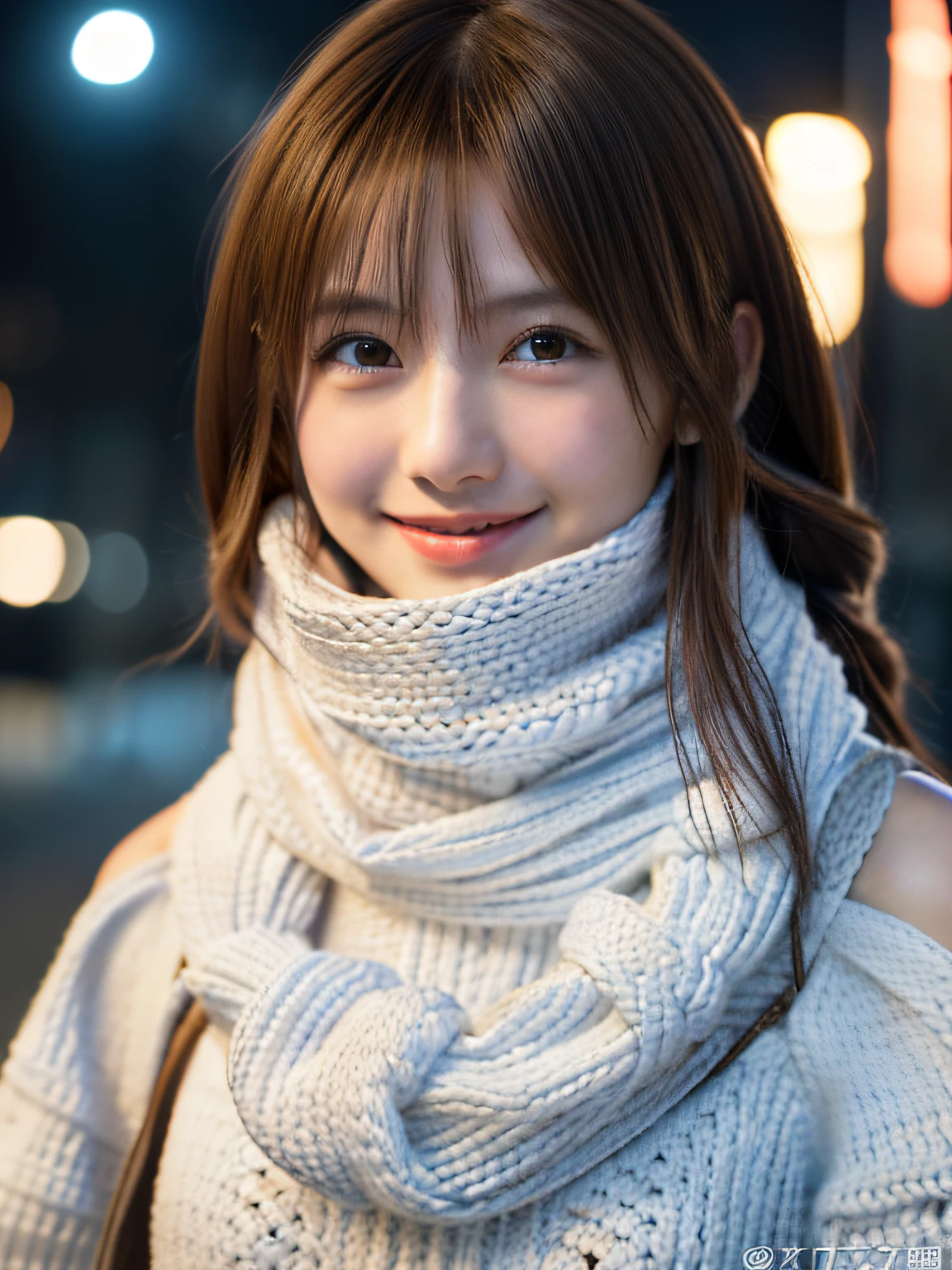 1 japanese girl,(White sweater:1.4),(She wears a knitted snood around her neck to hide her chin..:1.5), (Raw photo, Best Quality), (Realistic, Photorealsitic:1.4), masutepiece, extremely delicate and beautiful, Extremely detailed, 8k wallpaper, amazing, finely detail, extremely detailed CG Unity, hight resolution, Soft light, Beautiful detailed 19 year old, extremely detailed eye and face, beautiful detailed nose, Beautiful detailed eyes,Cinematic lighting,city light at night,Perfect Anatomy,Slender body,Smiling (hair messy, asymmetrical bangs, light brown hair,)