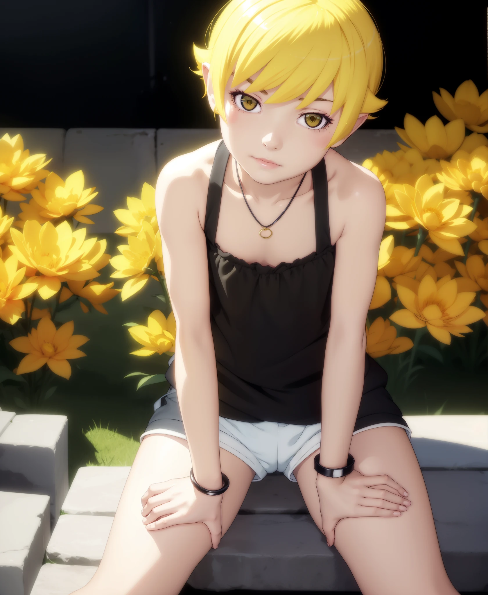 1girl, solo, oshino shinobu, kizu_short, blonde hair, short hair, yellow eyes,  (black shorts|bloomers), sitting, night, looking at viewer,,