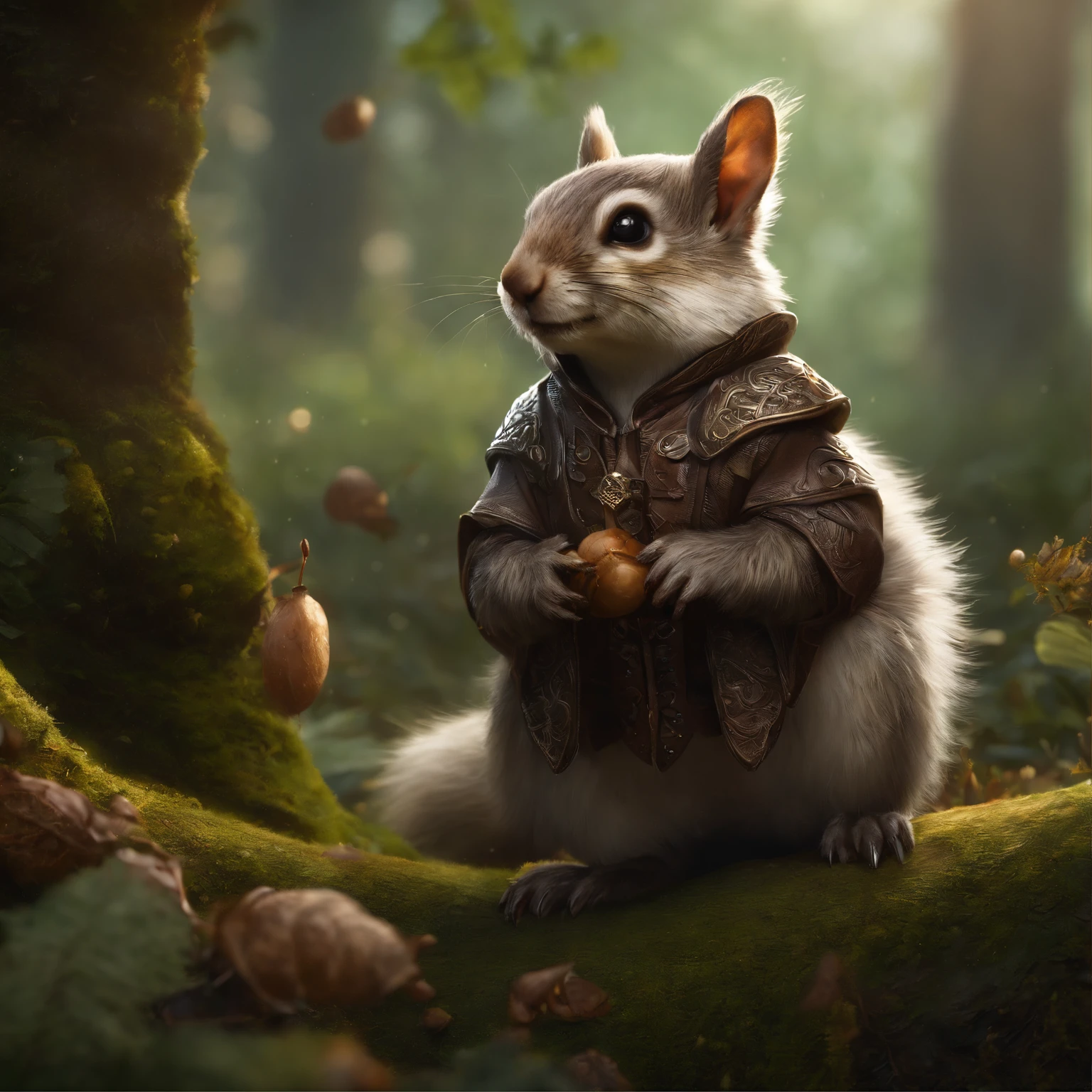 真实感, Realism, two heroes, Close up of cute tiny fireflies, illuminate the bush, a detailed painting, cgsociety, Detailed painting, artstation hd, high detail, cgsociety, photo realism, Concept art, artstation hd, official arts, bokeh ,(CBZBB:1.25), ((gremlin),Zhkute, Small, baby, Beautiful, Fantasy art, deviant art, trending artstation, Digital Art, Detailed, humanoid, quartet, character, tiny, Cinematic shot, two cinematic creatures, Two animals, two gremlins, portrait of a squirrel and a mole, wear a tunic with a hood, dark fantasy style, fentezi, John Tolkien,gremlin, squirrel-like, bright silver and sob, Long fluffy tail, Large tasseled ears, covered with silver fur, water, stands on the shore, Best Quality, Masterpiece, in style of dark fantasy art, gremlin, squirrel-like, bright silver and brown, long tail, double nose, huge ears with tassels, covered with silver fur, wear a brown vest, tousled, five toes on each paw, holding a huge acorn in his paws, I'm standing in a forest clearing under the foliage of bast., acorns lie in the clearing, acorns glow, Crickets fly, Best Quality, Masterpiece, in style of dark fantasy art, fantasy-inspired, in the style of John Tolkien,